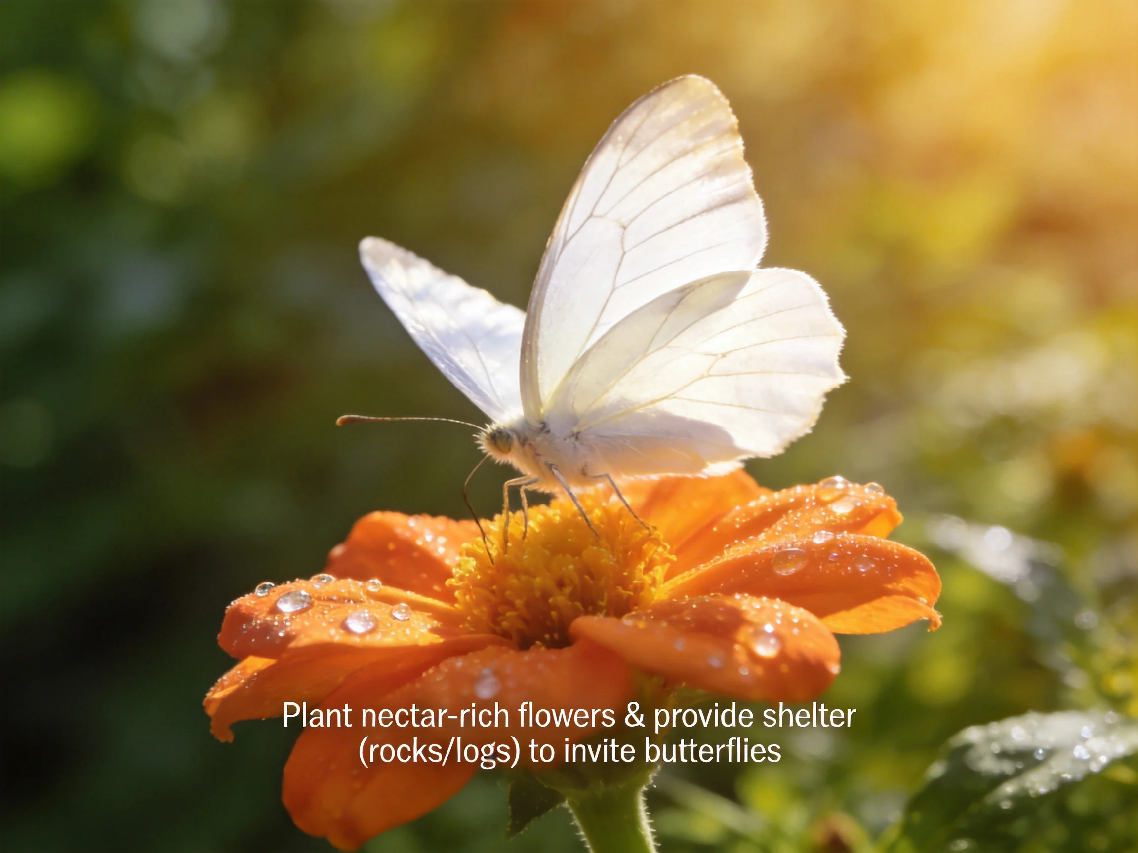 White butterfly on orange nectar flower with dewdrops