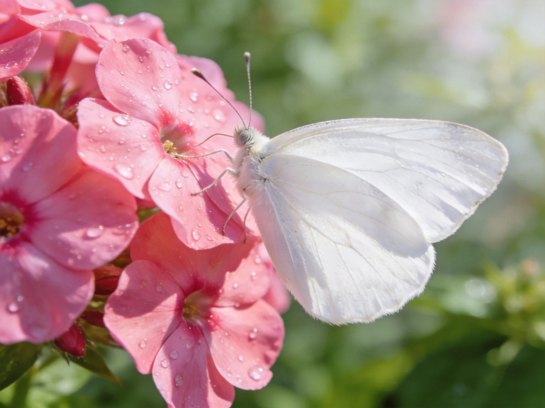 White butterfly perched on pink flowers with dewdrops