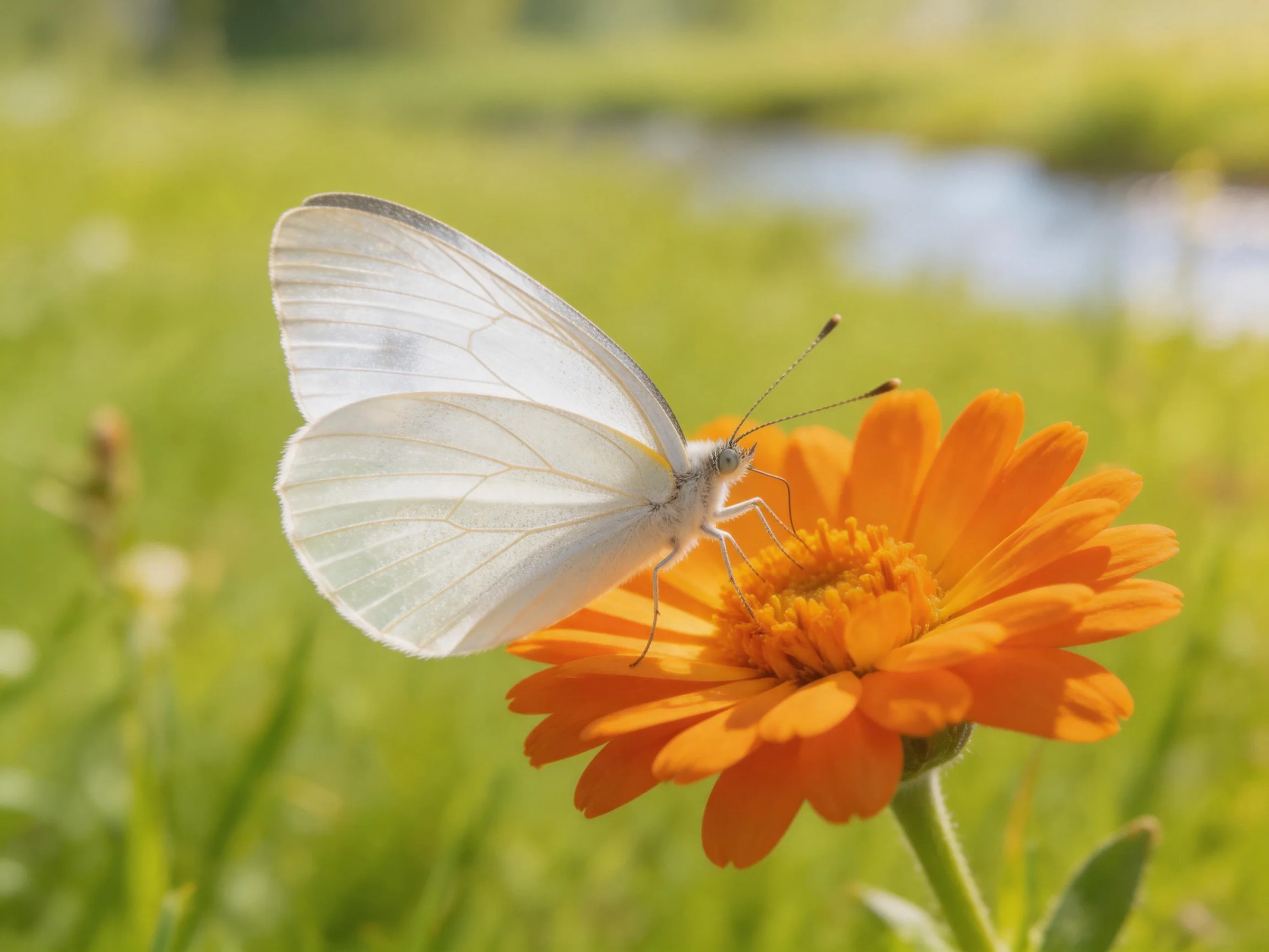 White butterfly resting on bright orange flower in sunlit meadow