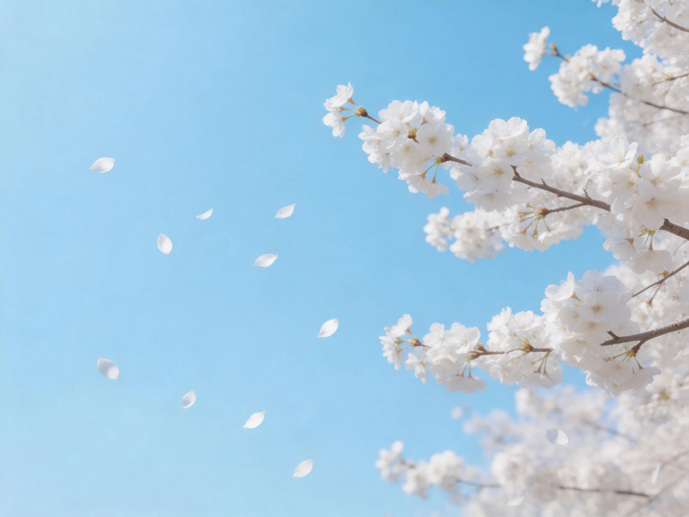 White cherry blossom branches against clear blue sky with falling petals