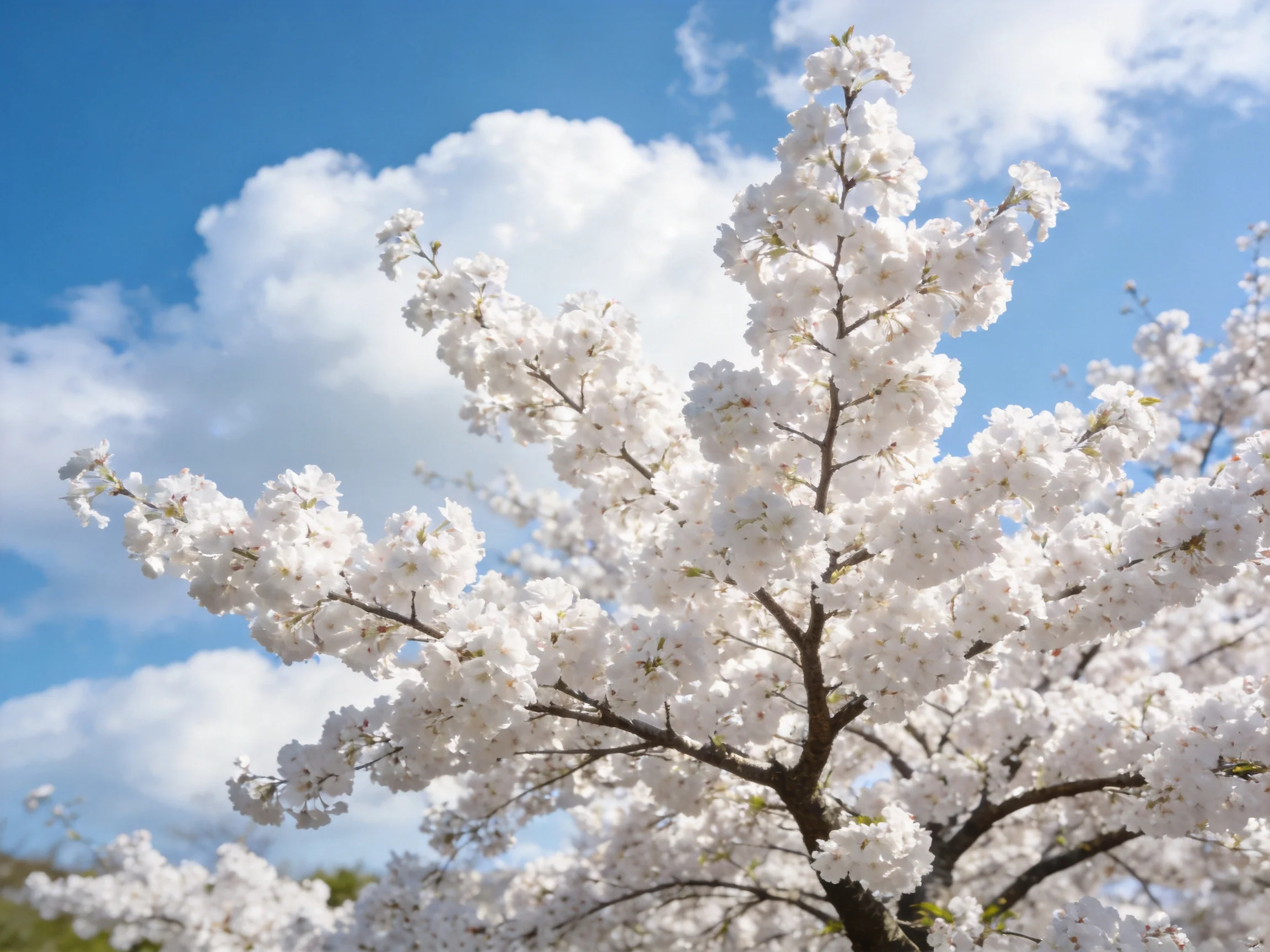 White cherry blossom branches bloom against a bright blue sky with fluffy clouds