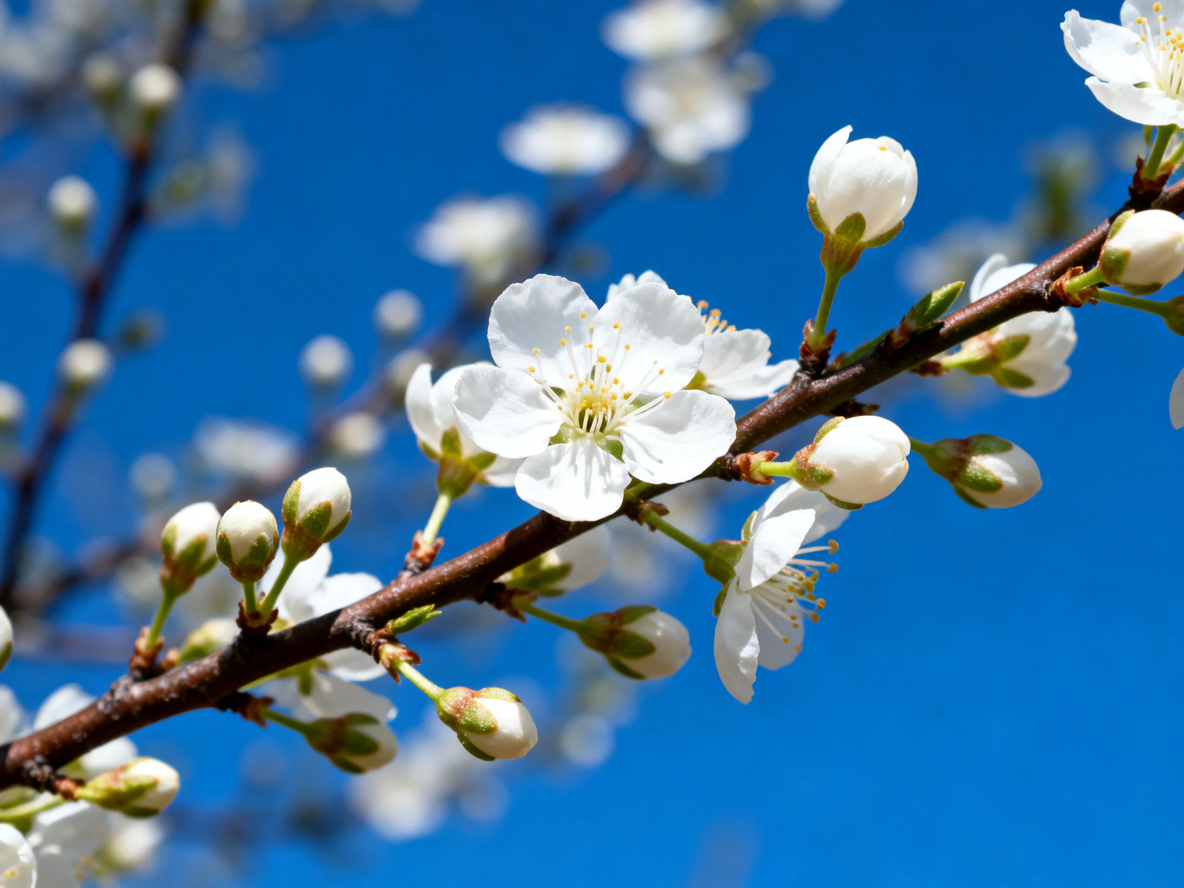 White cherry blossom buds and blooms on a brown branch against a clear blue sky