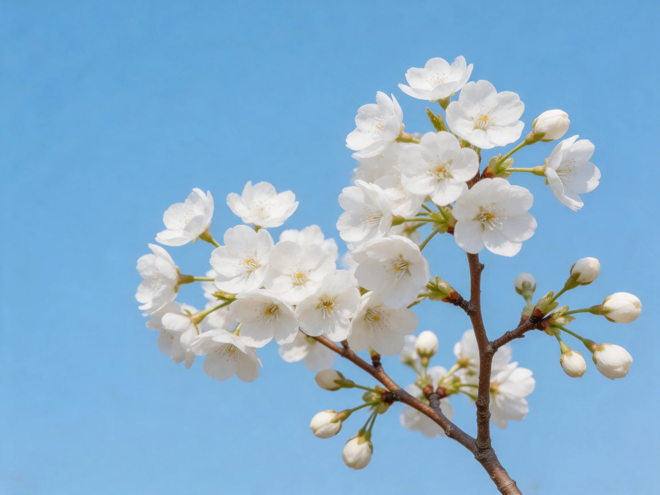 White cherry blossom clusters bloom on brown branches under clear blue sky