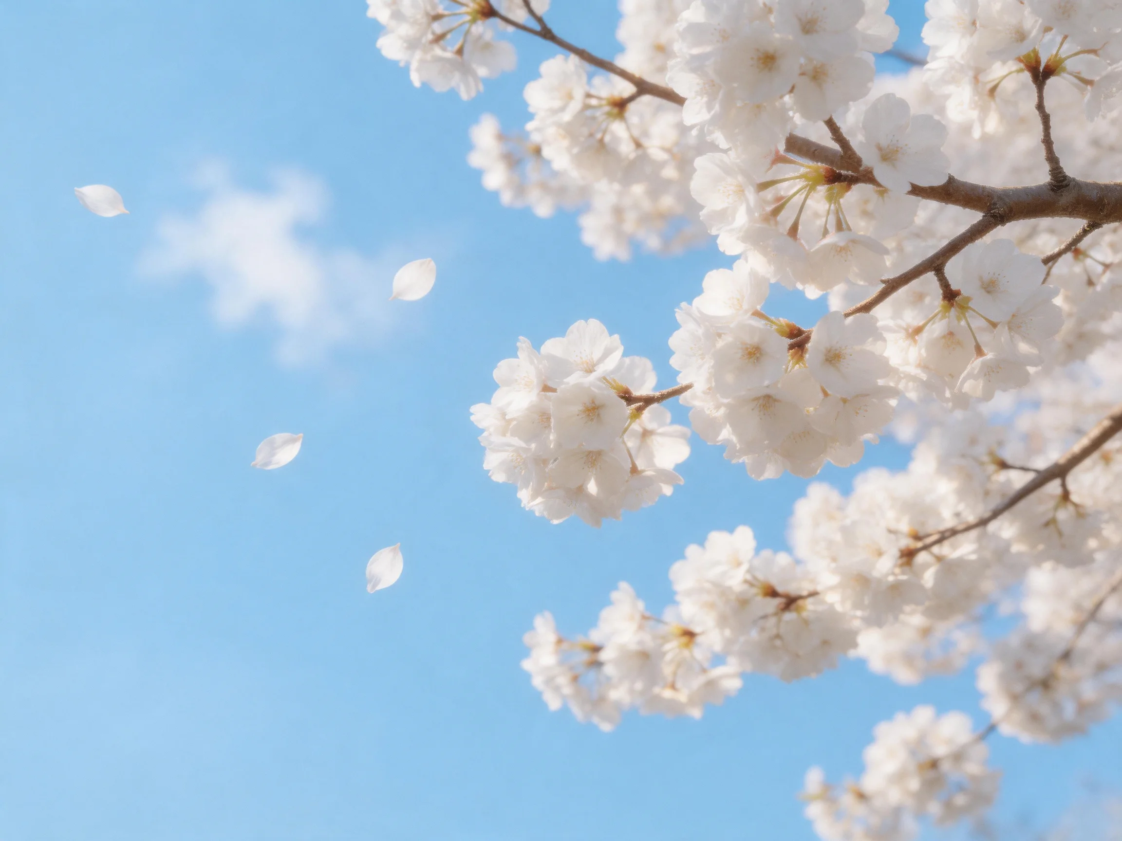 White cherry blossom clusters bloom with petals floating under a clear blue sky