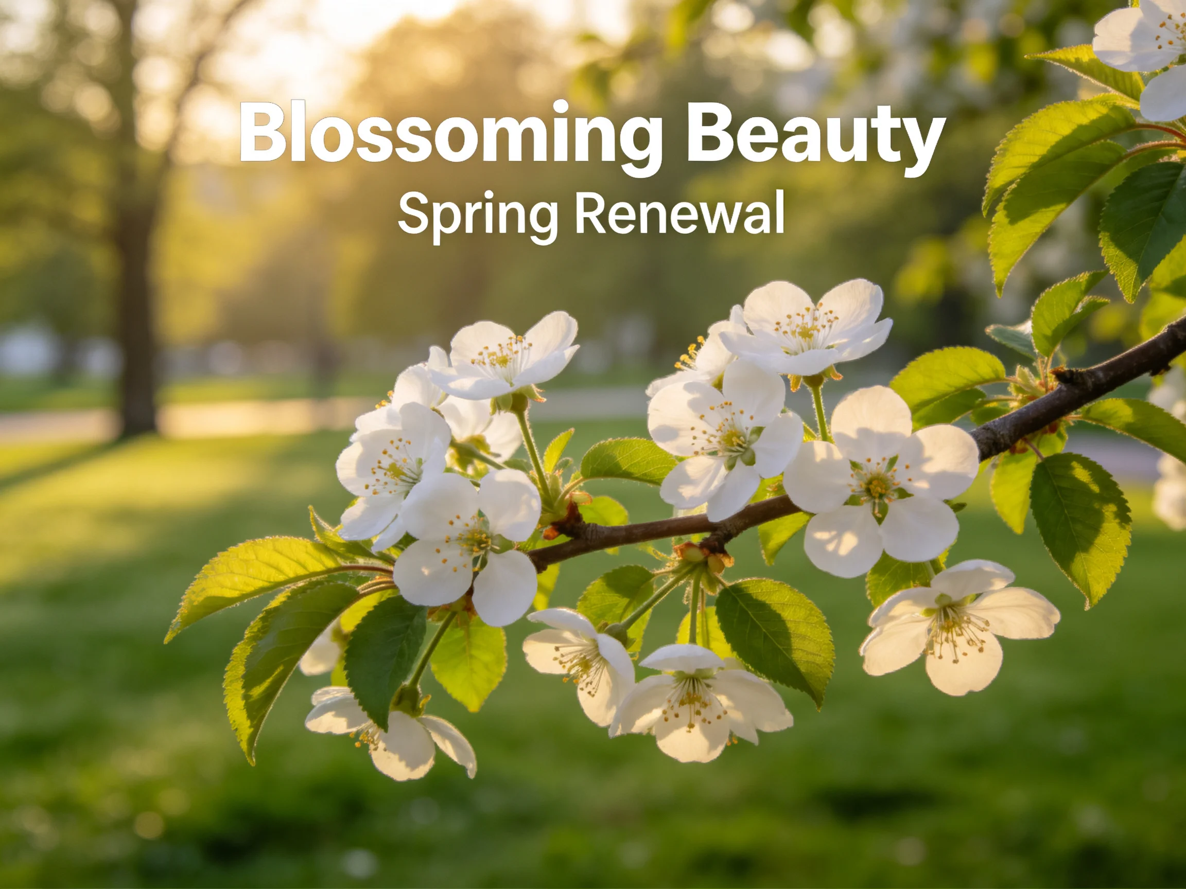 White cherry blossoms bloom on a branch with green foliage in a sunlit park