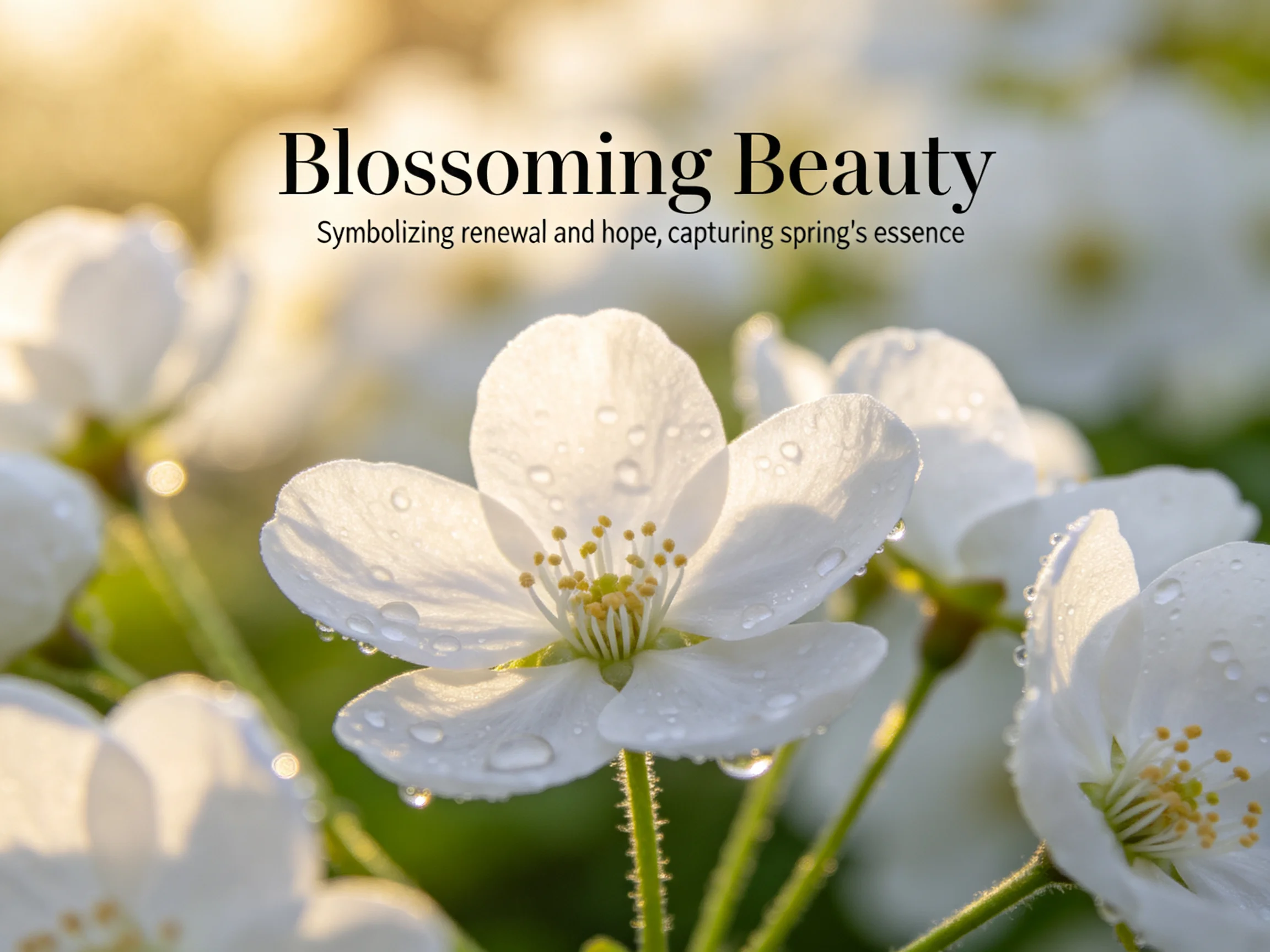 White cherry blossoms with dewdrops in soft light