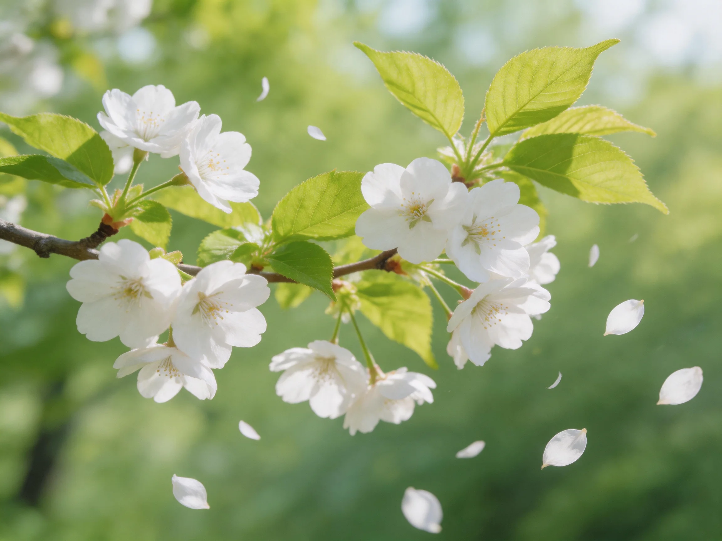 White cherry blossoms with green leaves and falling petals