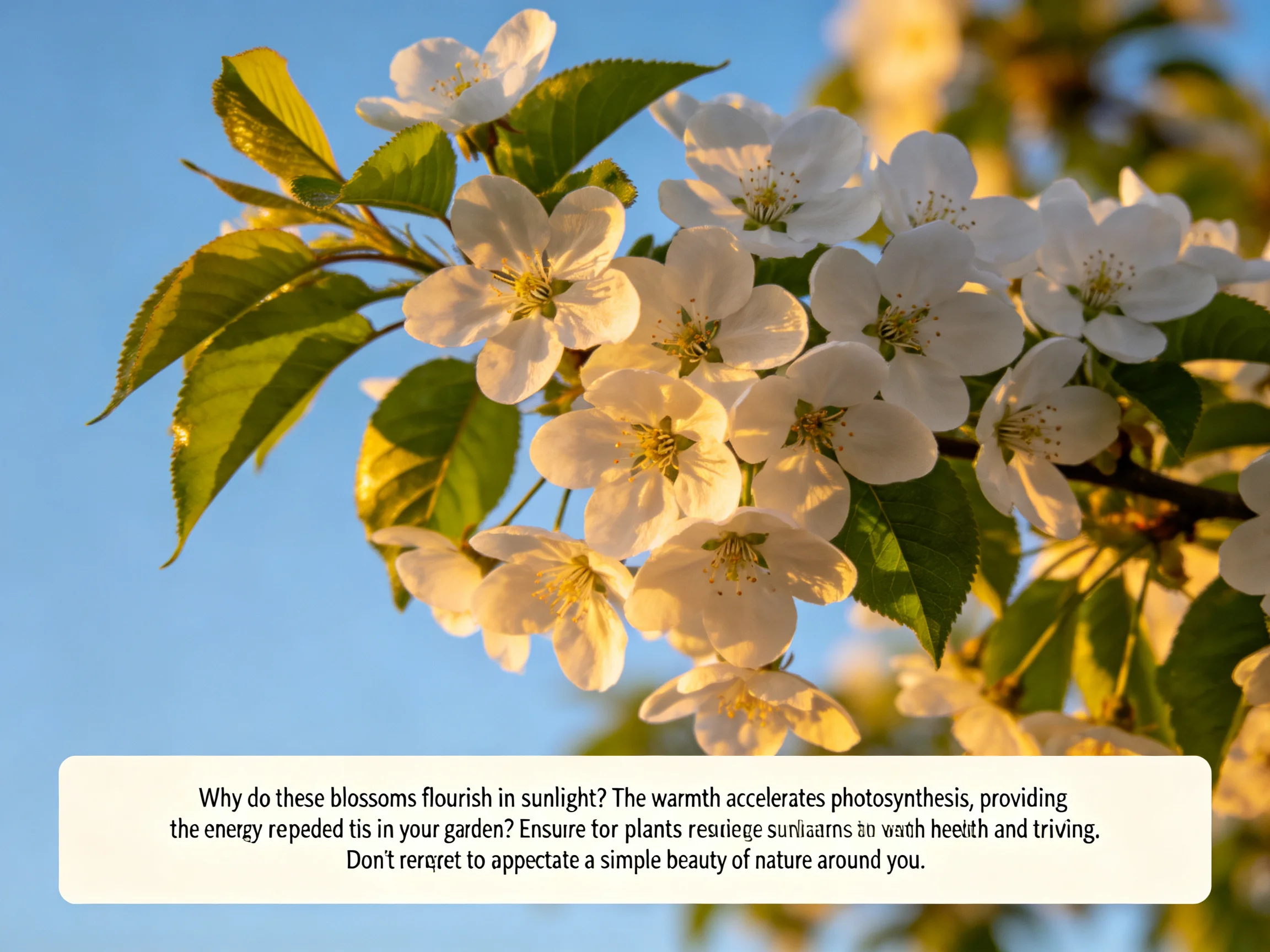 White cherry blossoms with green leaves in sunlight