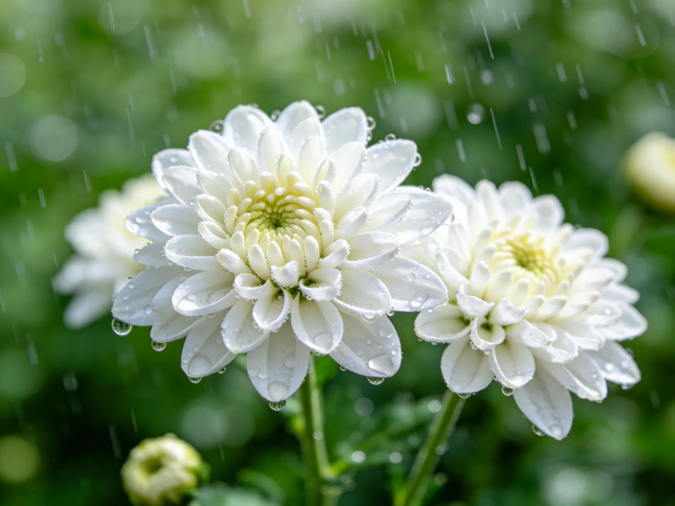 White chrysanthemums with raindrops amid falling rain and greenery
