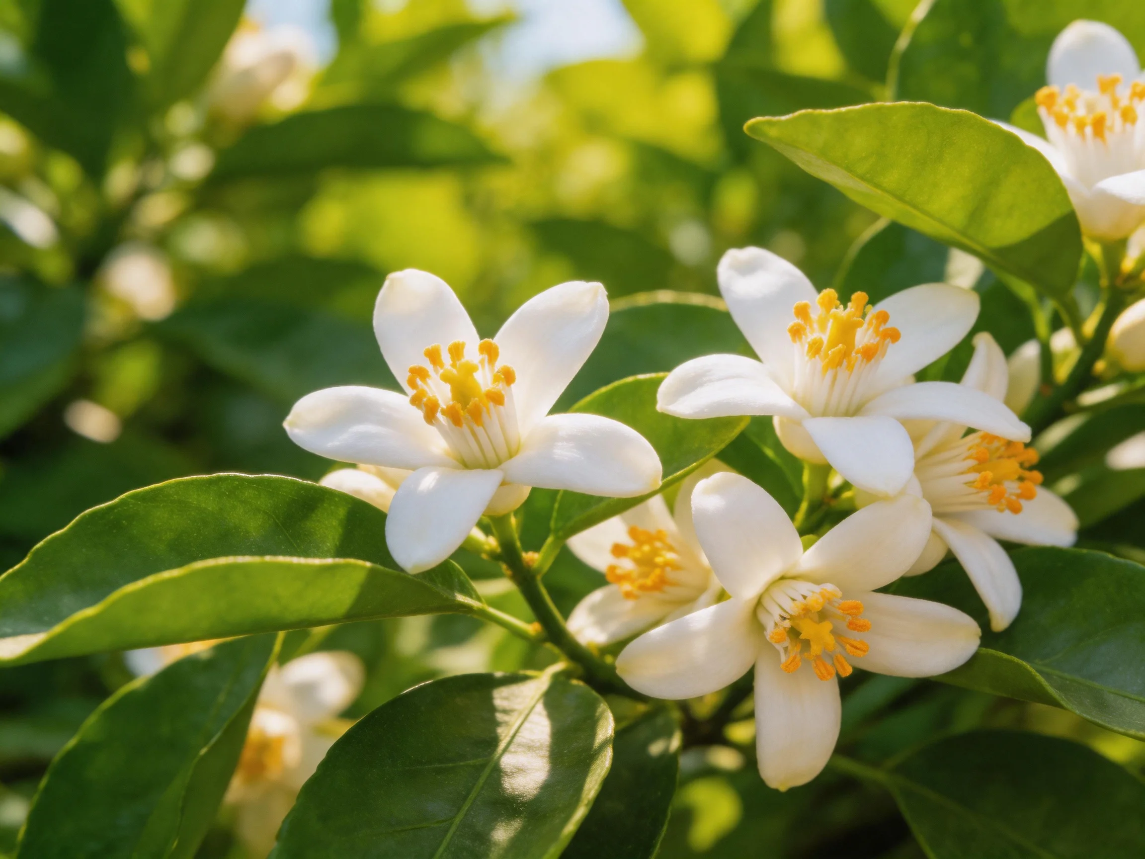 White citrus flowers with yellow stamens among green leaves