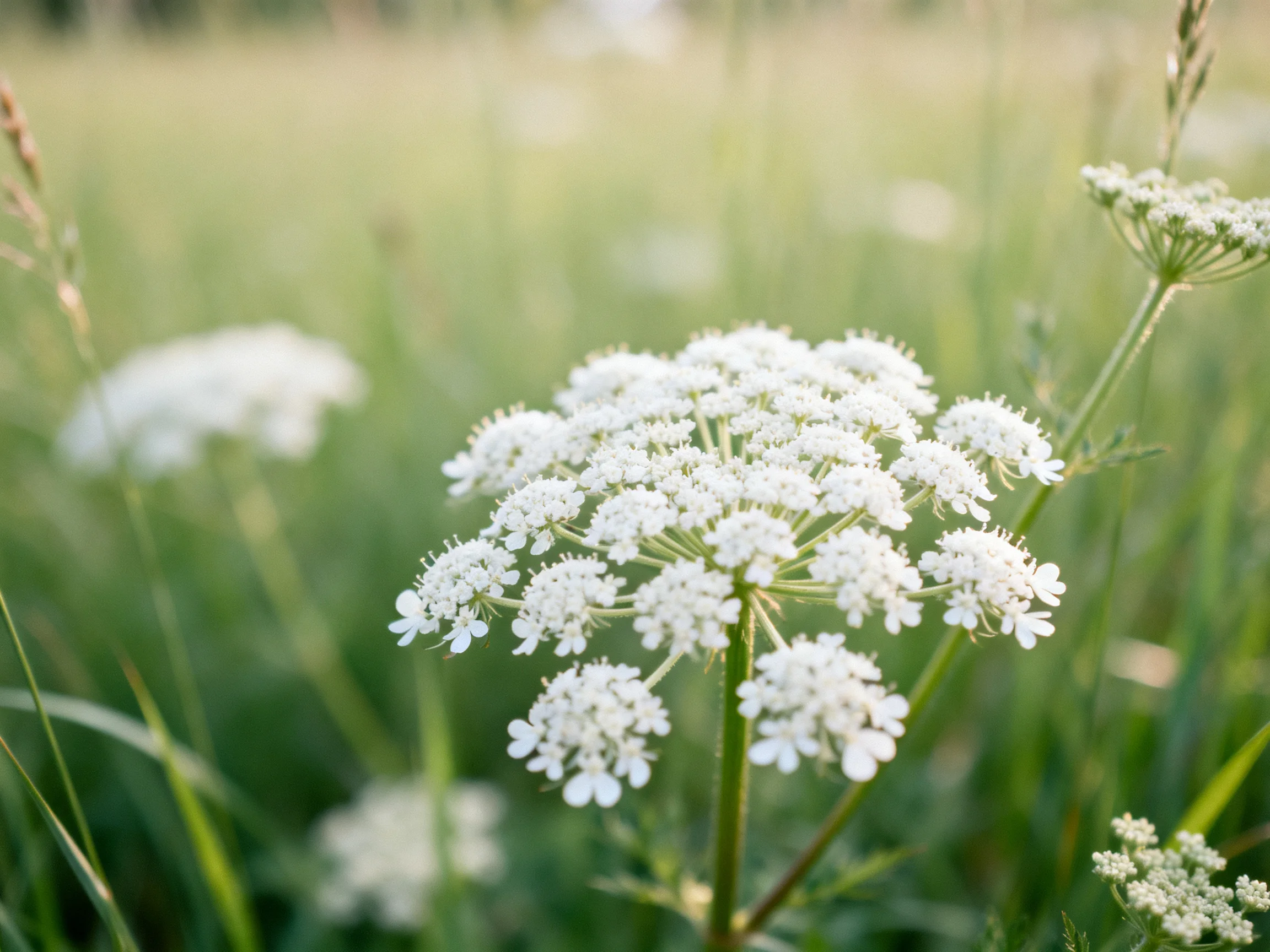 White clustered wildflowers bloom in a lush green meadow