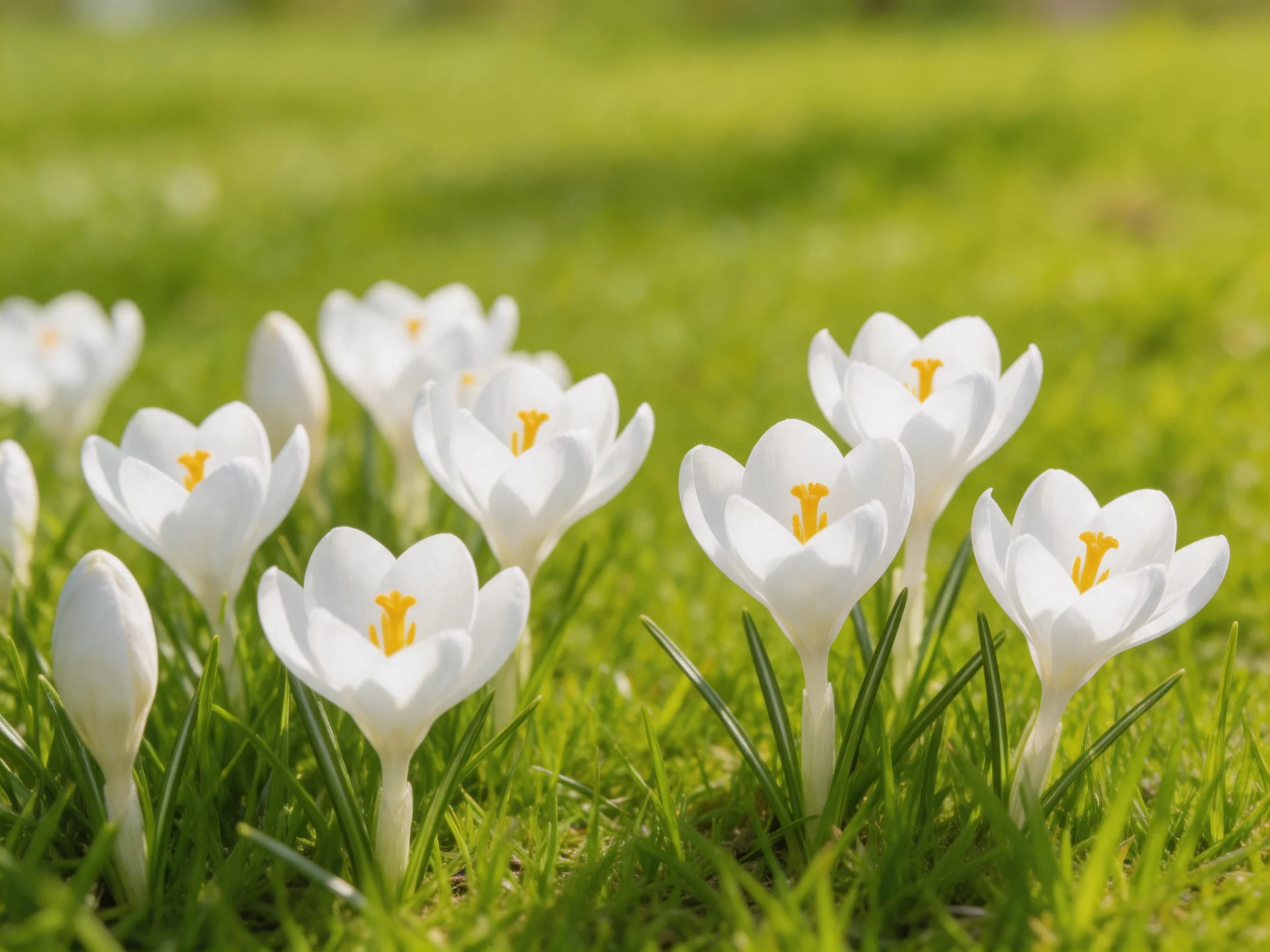 White crocus flowers bloom in lush green grass