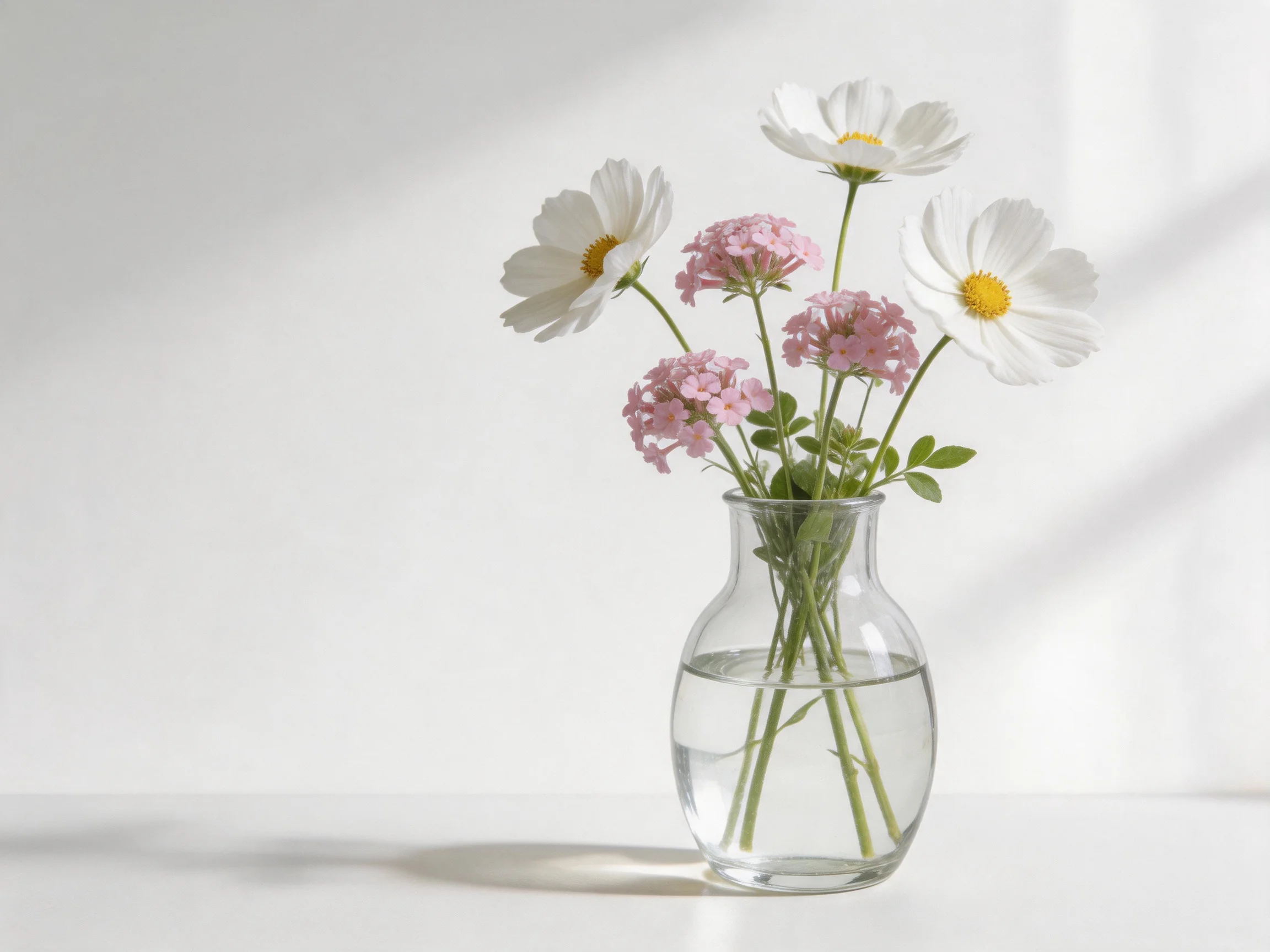 White daisies and pink blooms in a clear glass vase