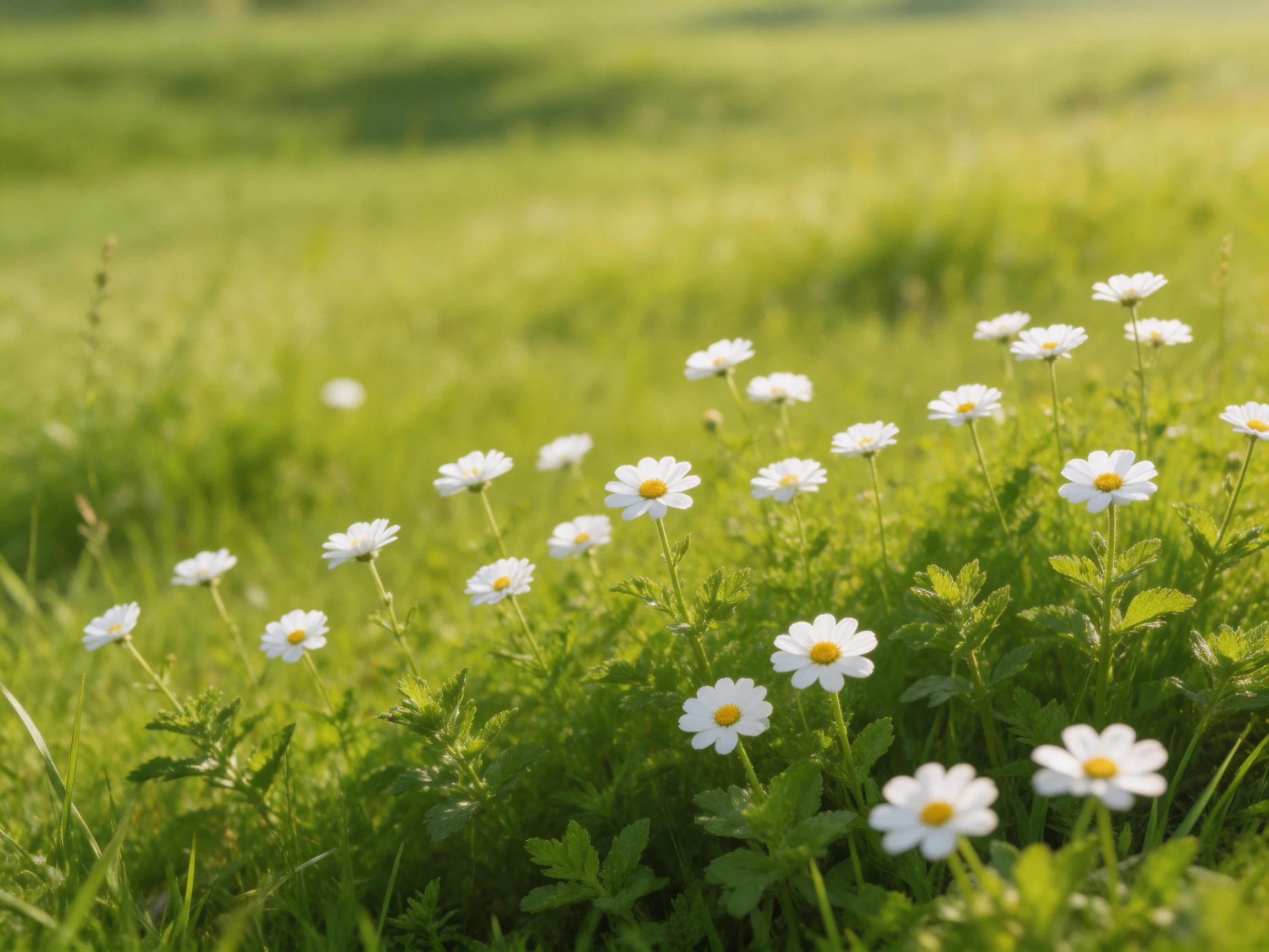 White daisies bloom in a lush green meadow