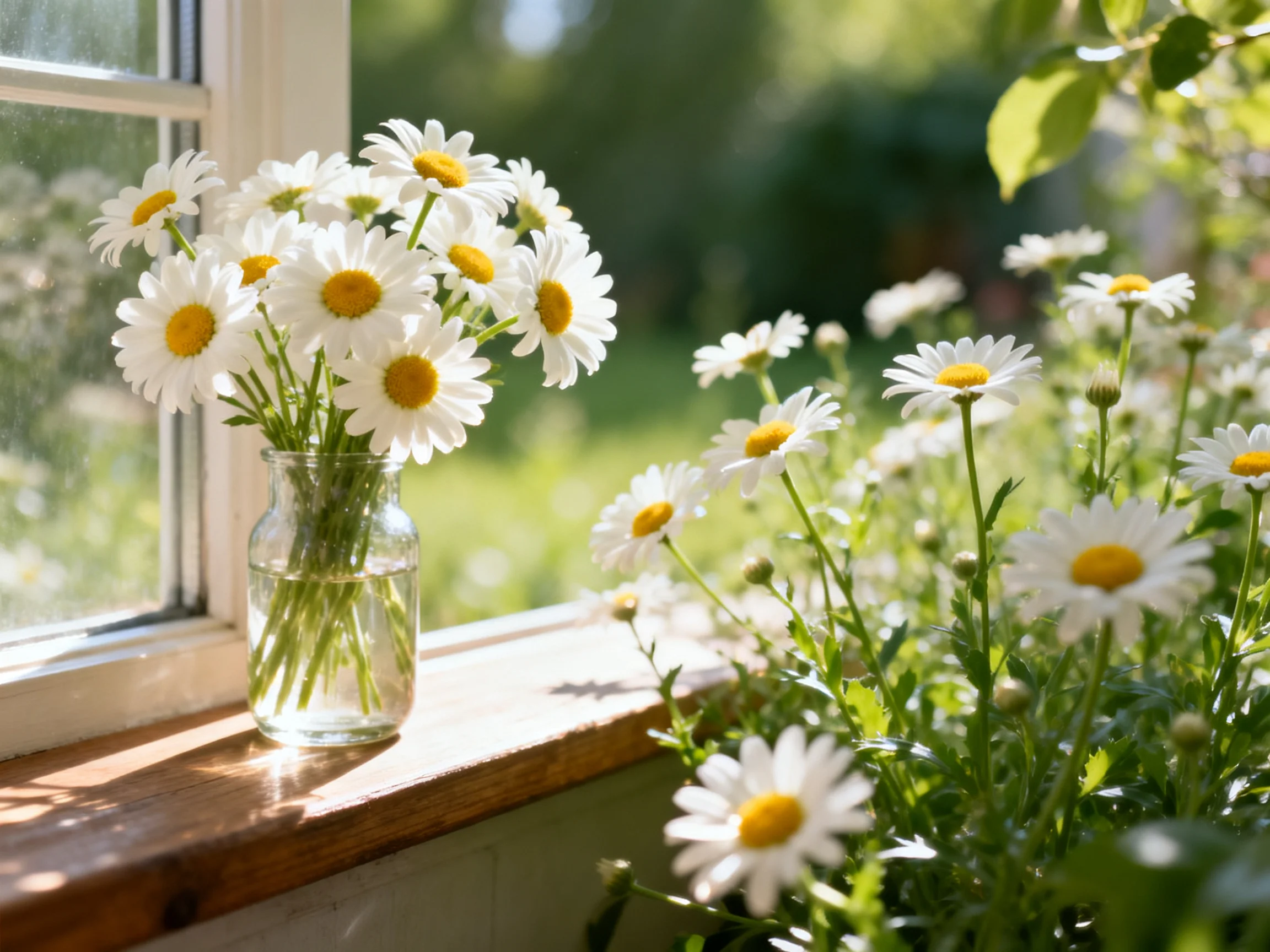 White daisies in a glass jar sit by a sunlit window with outdoor blooms