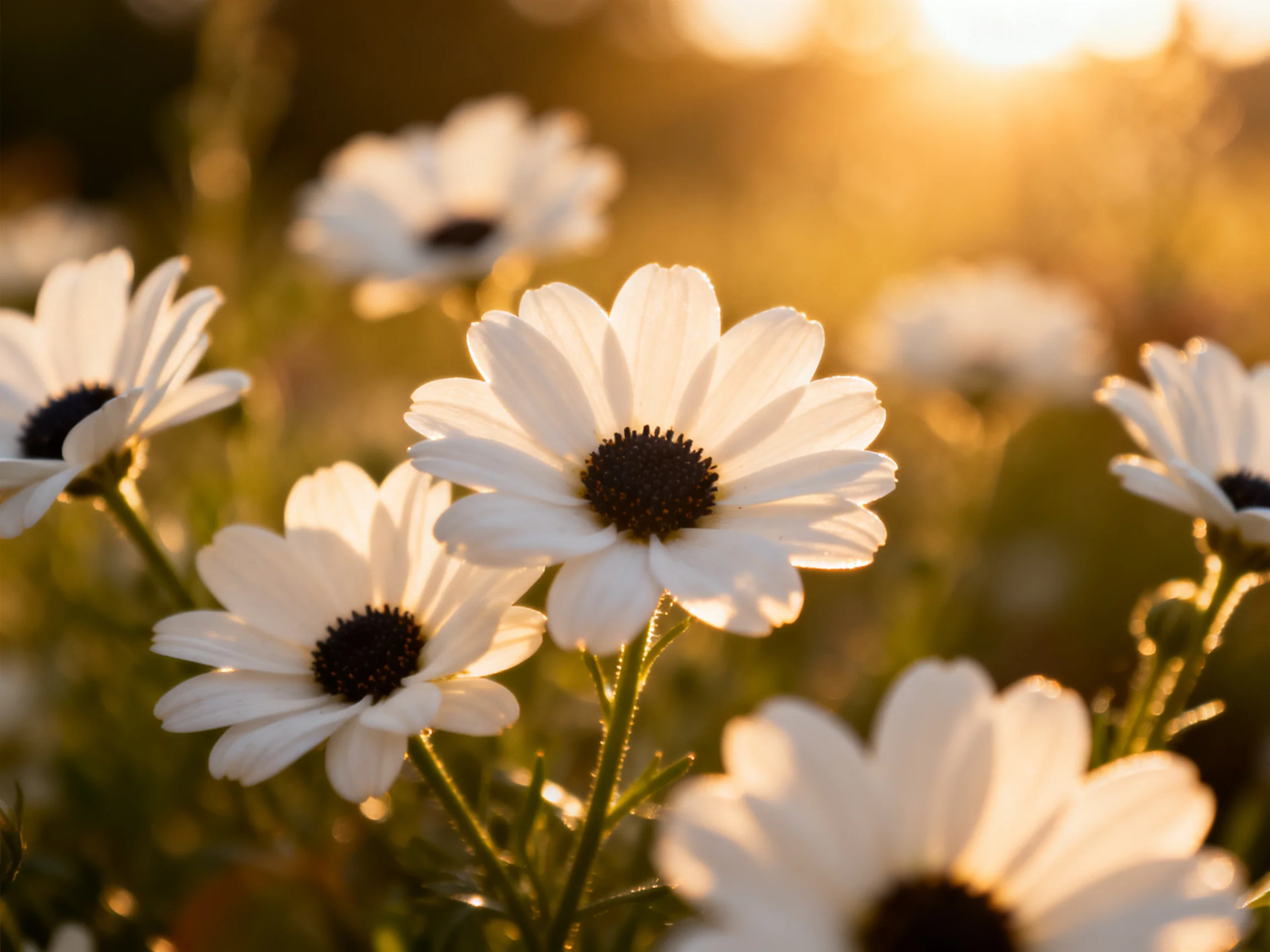 White daisies with dark centers bloom under golden sunlight