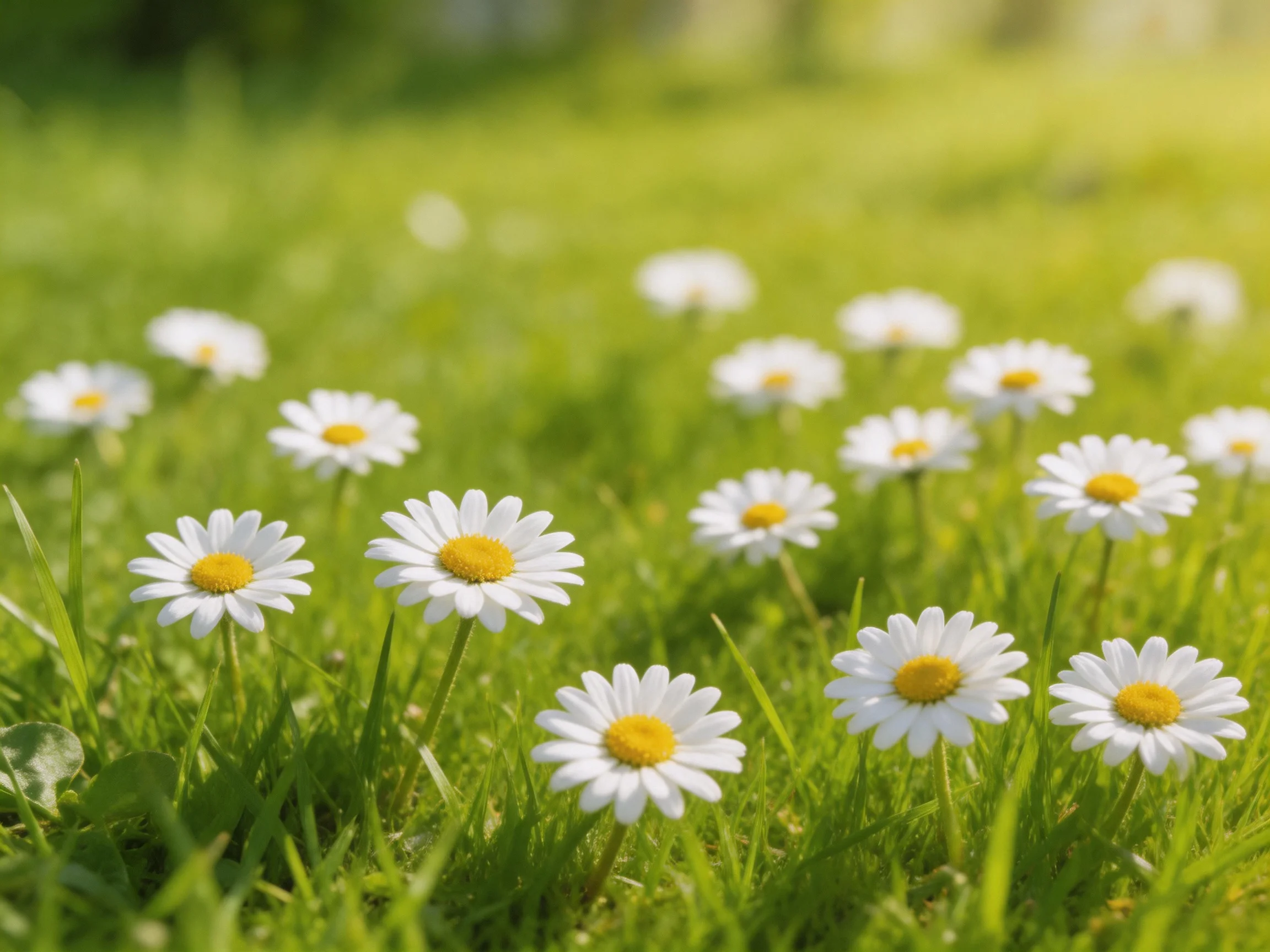 White daisies with yellow centers bloom among lush green grass in bright sunlight