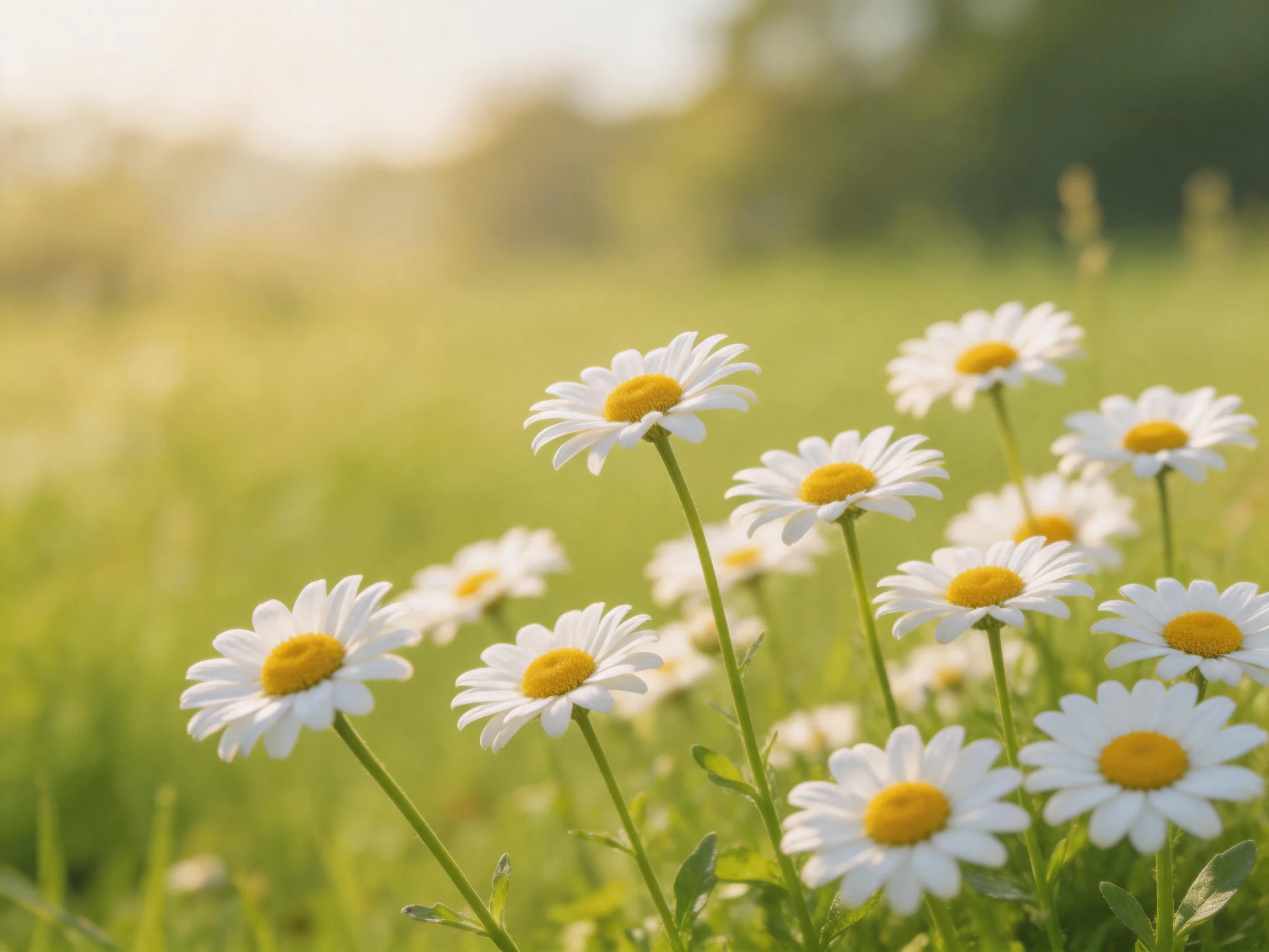 White daisies with yellow centers bloom in a sunlit green meadow