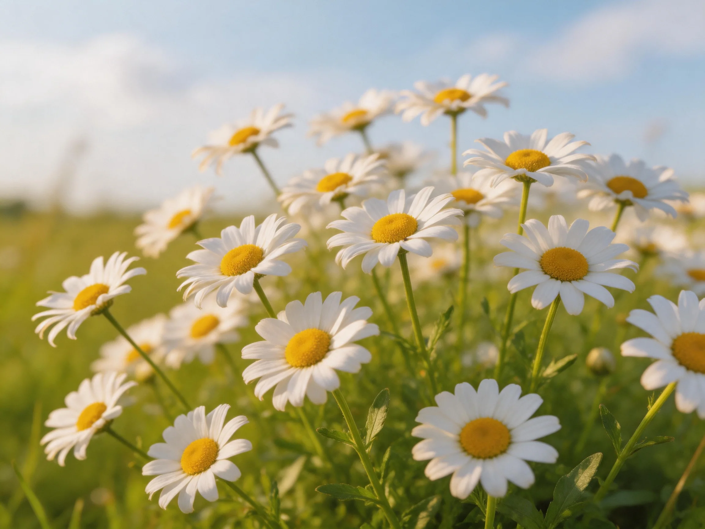 White daisies with yellow centers blooming in a sunlit meadow