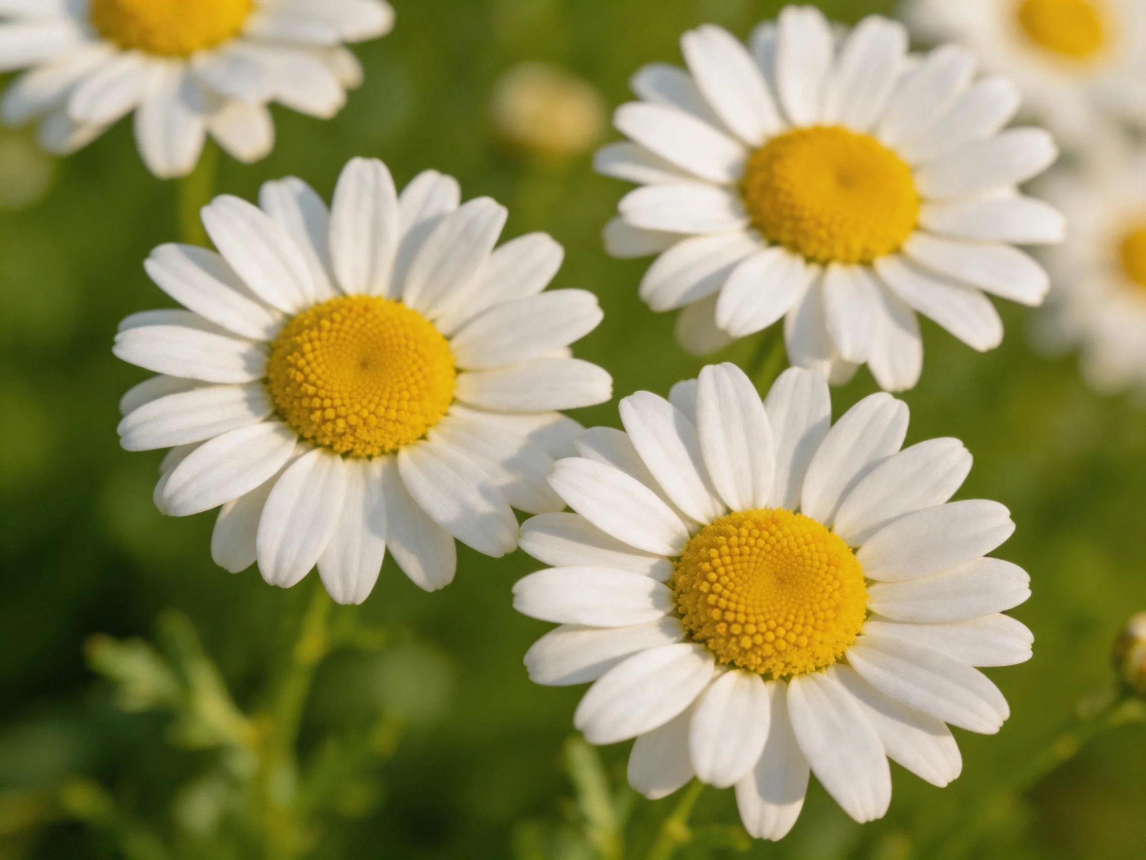 White daisies with yellow centers in a green meadow
