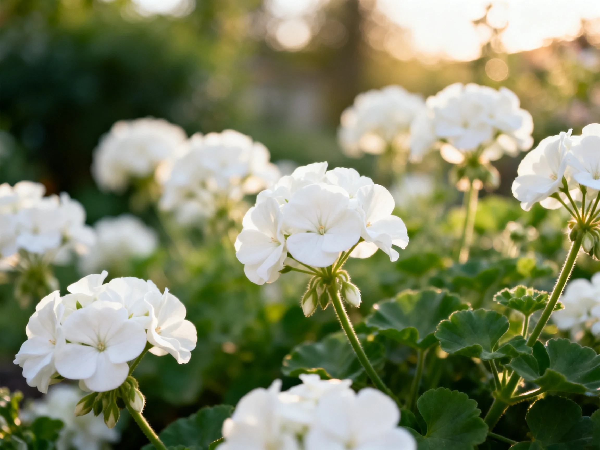 White flower clusters bloom abundantly amidst lush greenery under golden sunlight