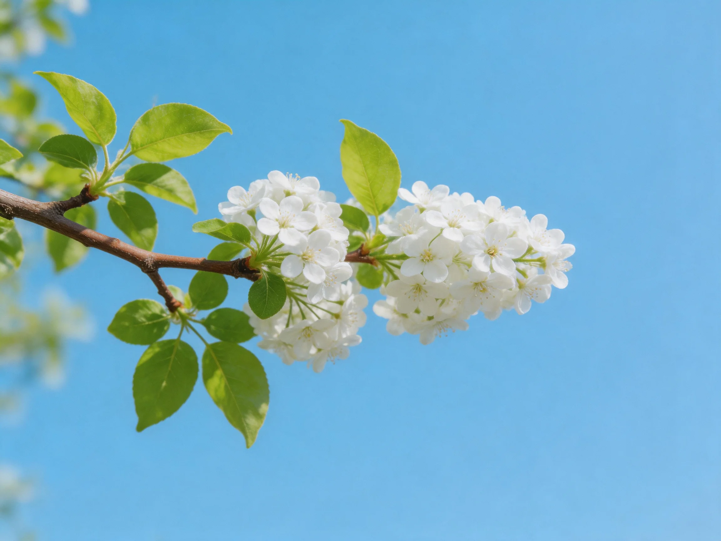 White flower clusters bloom on a branch with green leaves against a clear blue sky