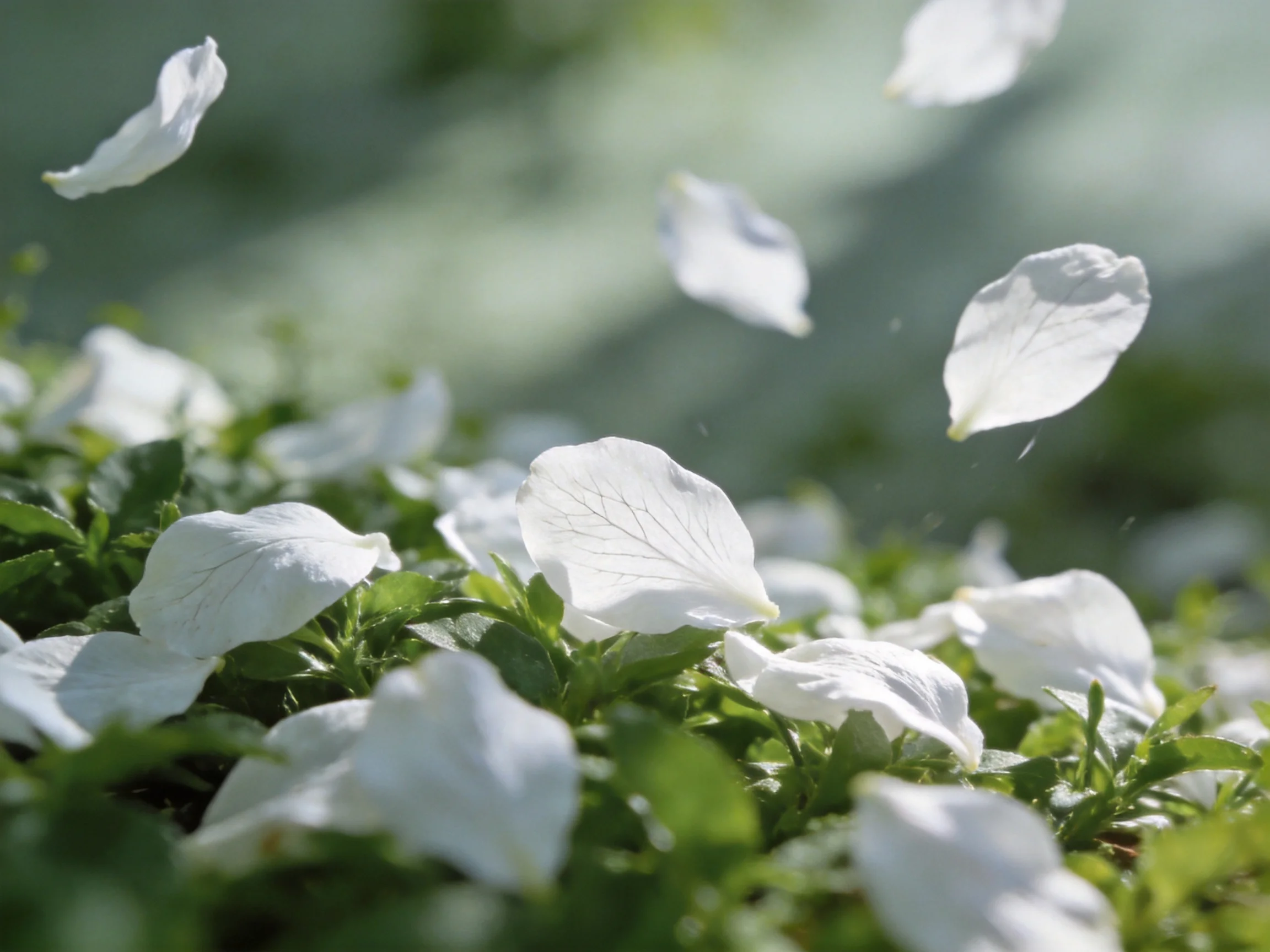 White flower petals cascading over lush green foliage