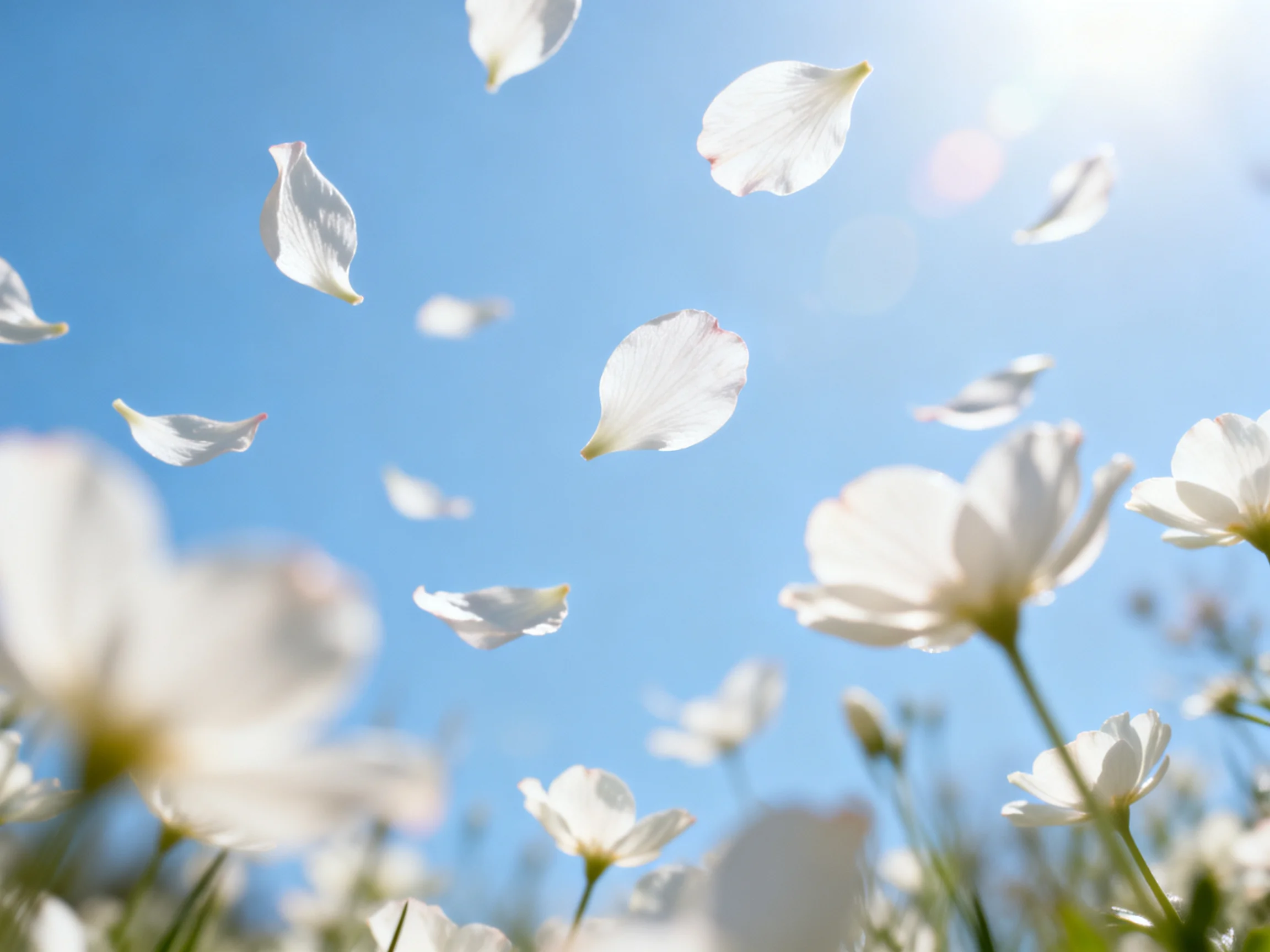 White flower petals float among blooming flowers under bright blue sky