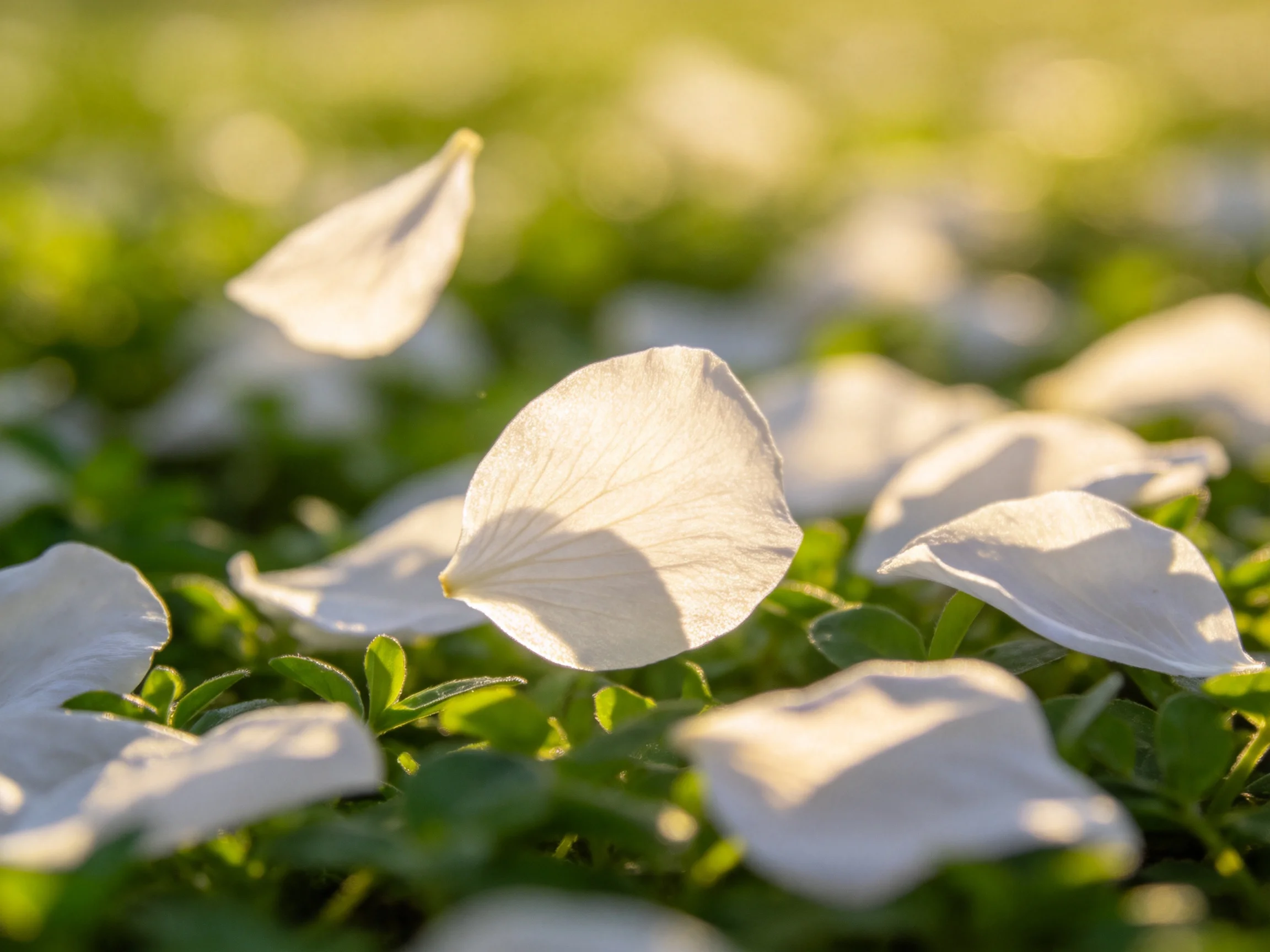 White flower petals scattered amid lush green foliage under golden sunlight
