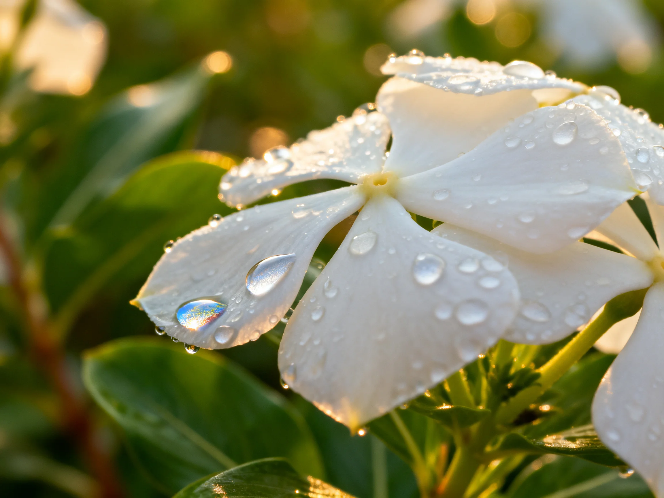 White flower petals with glistening dewdrops and vibrant green leaves