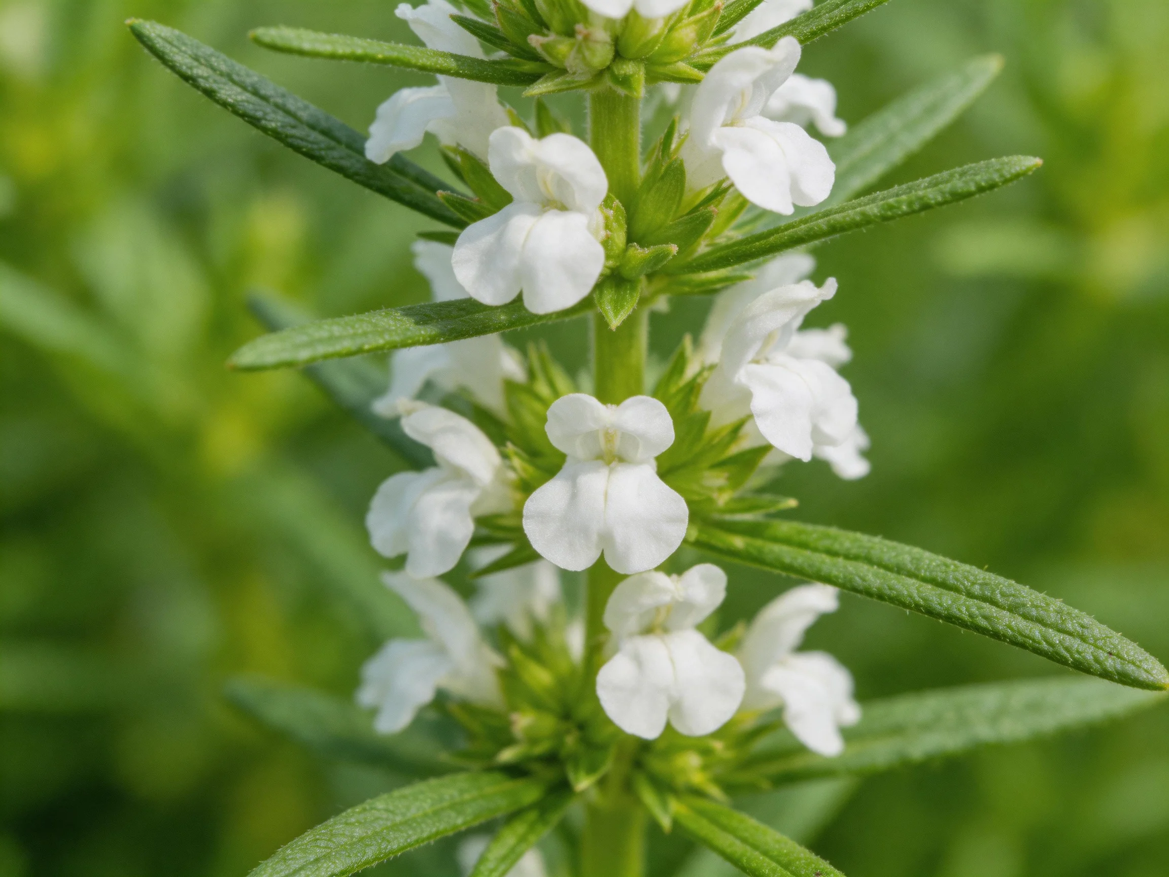 White-flowered herb plant with slender green leaves