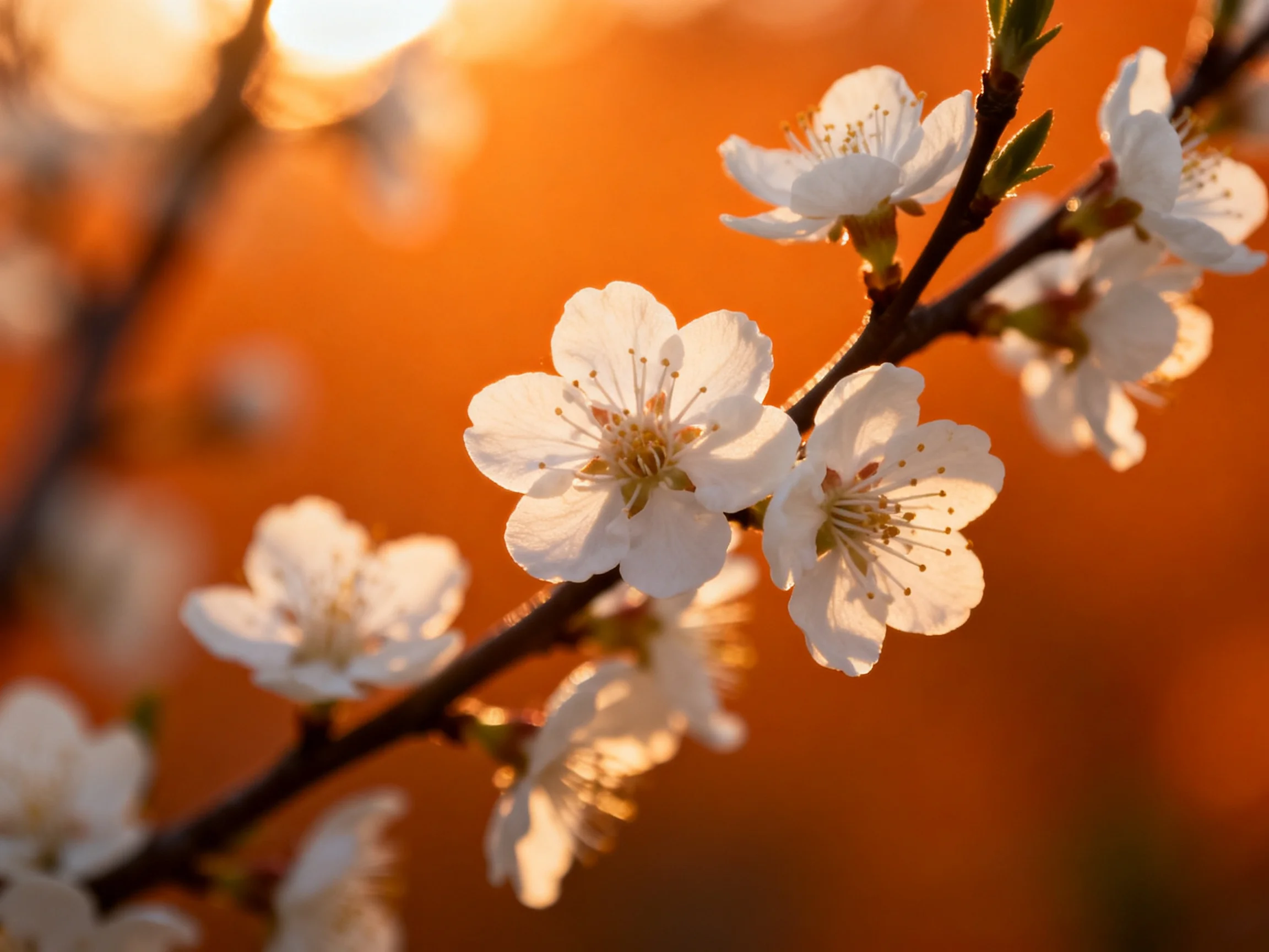White flowering branches illuminated by warm orange sunset light