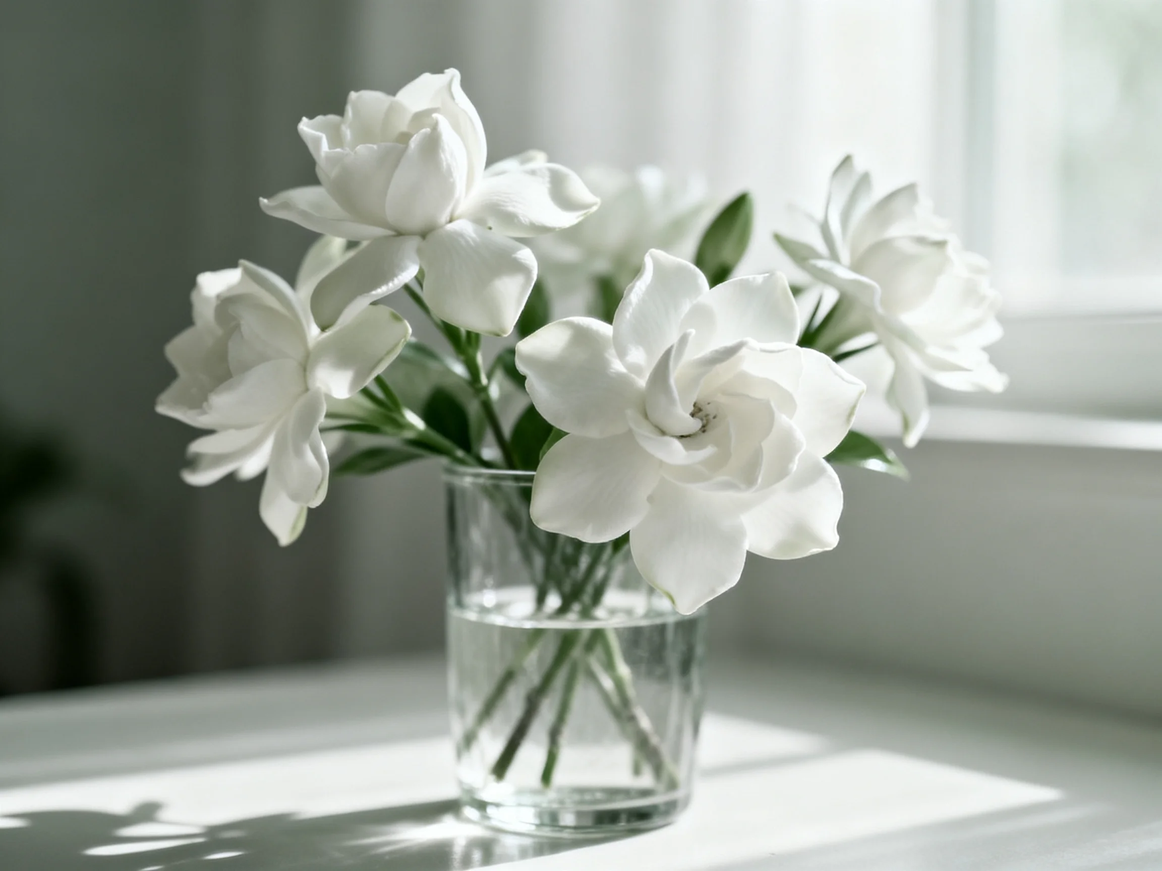 White flowers arranged in a clear glass vase near a sunlit window