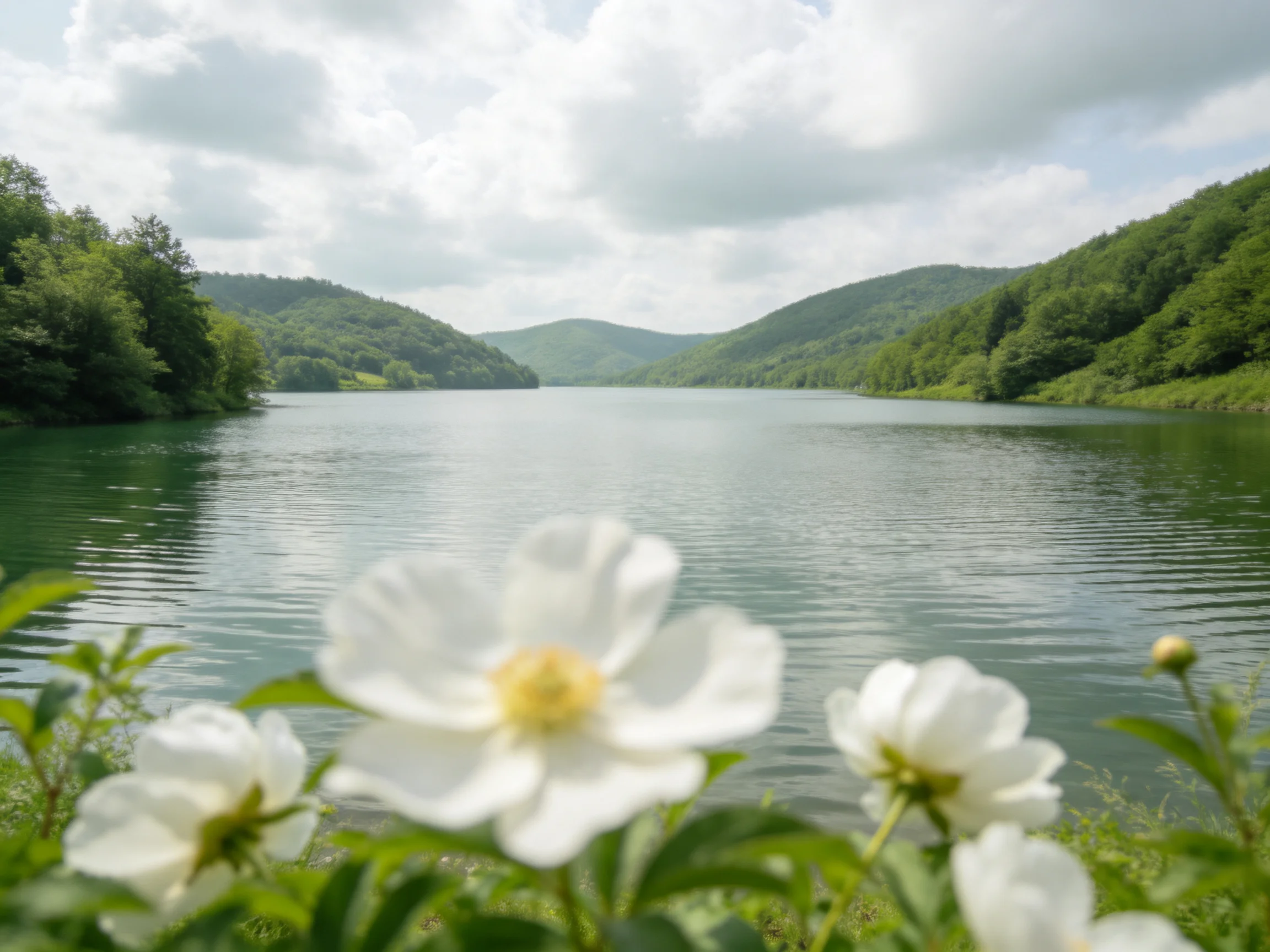 White flowers border a calm lake among lush green hills