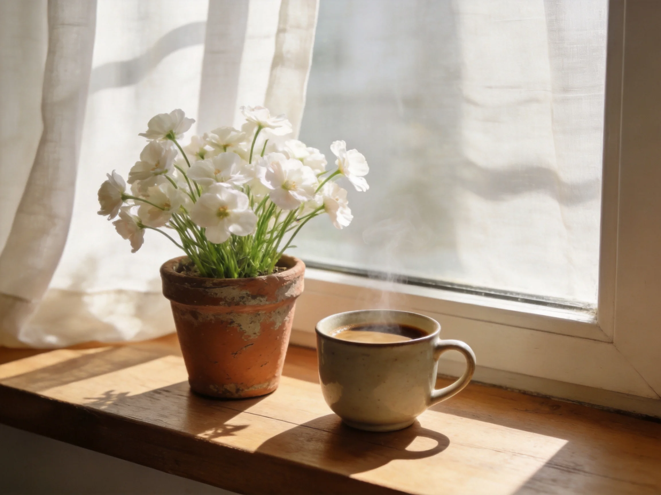 White flowers in a terracotta pot sit beside a steaming cup on a sunlit windowsill