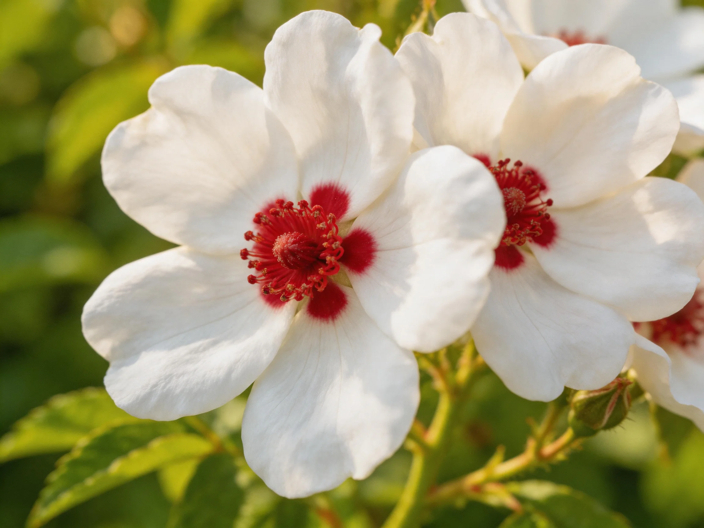 White flowers with bold red centers amid greenery