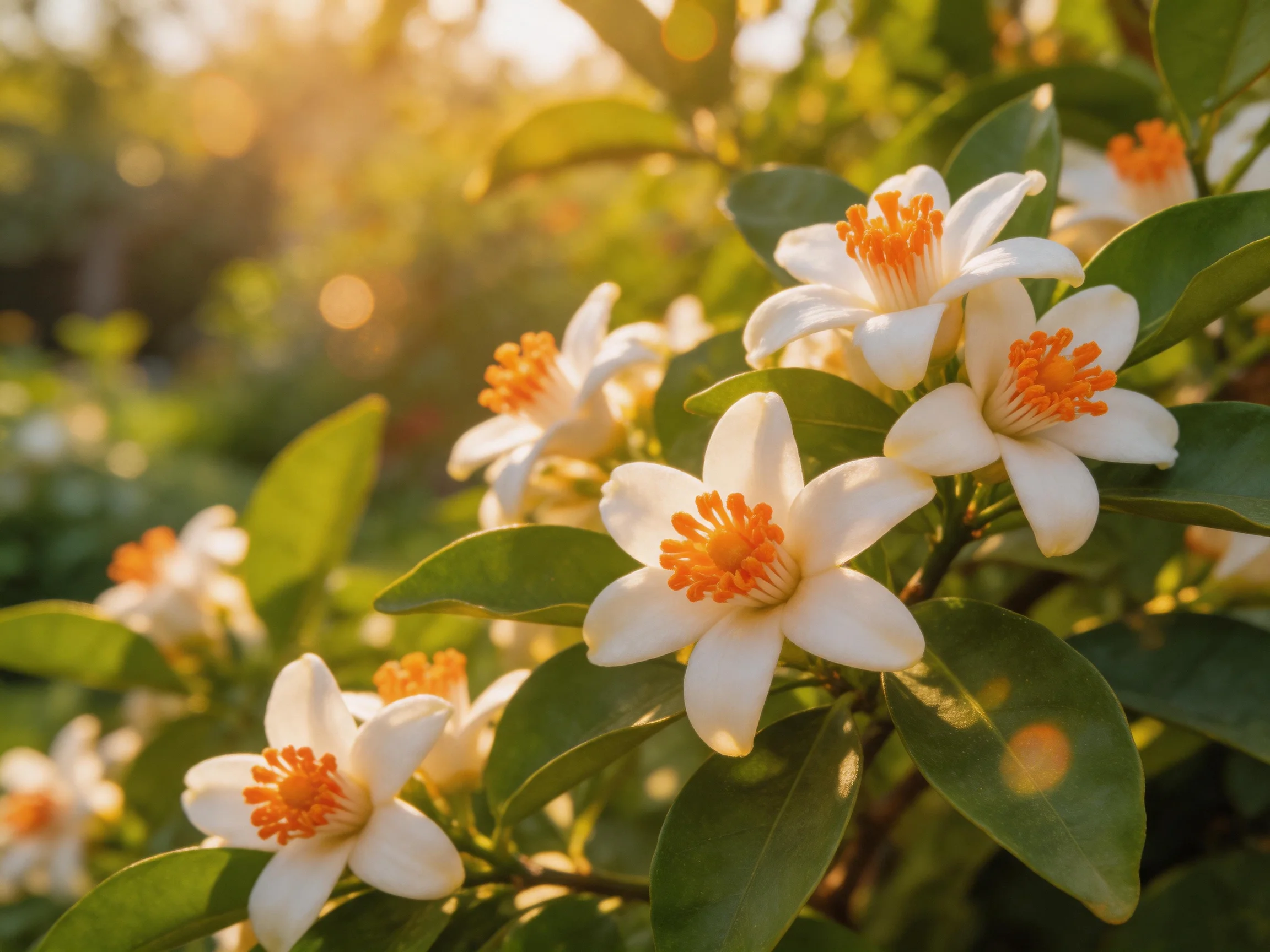 White flowers with orange centers amidst glossy green leaves in golden sunlight