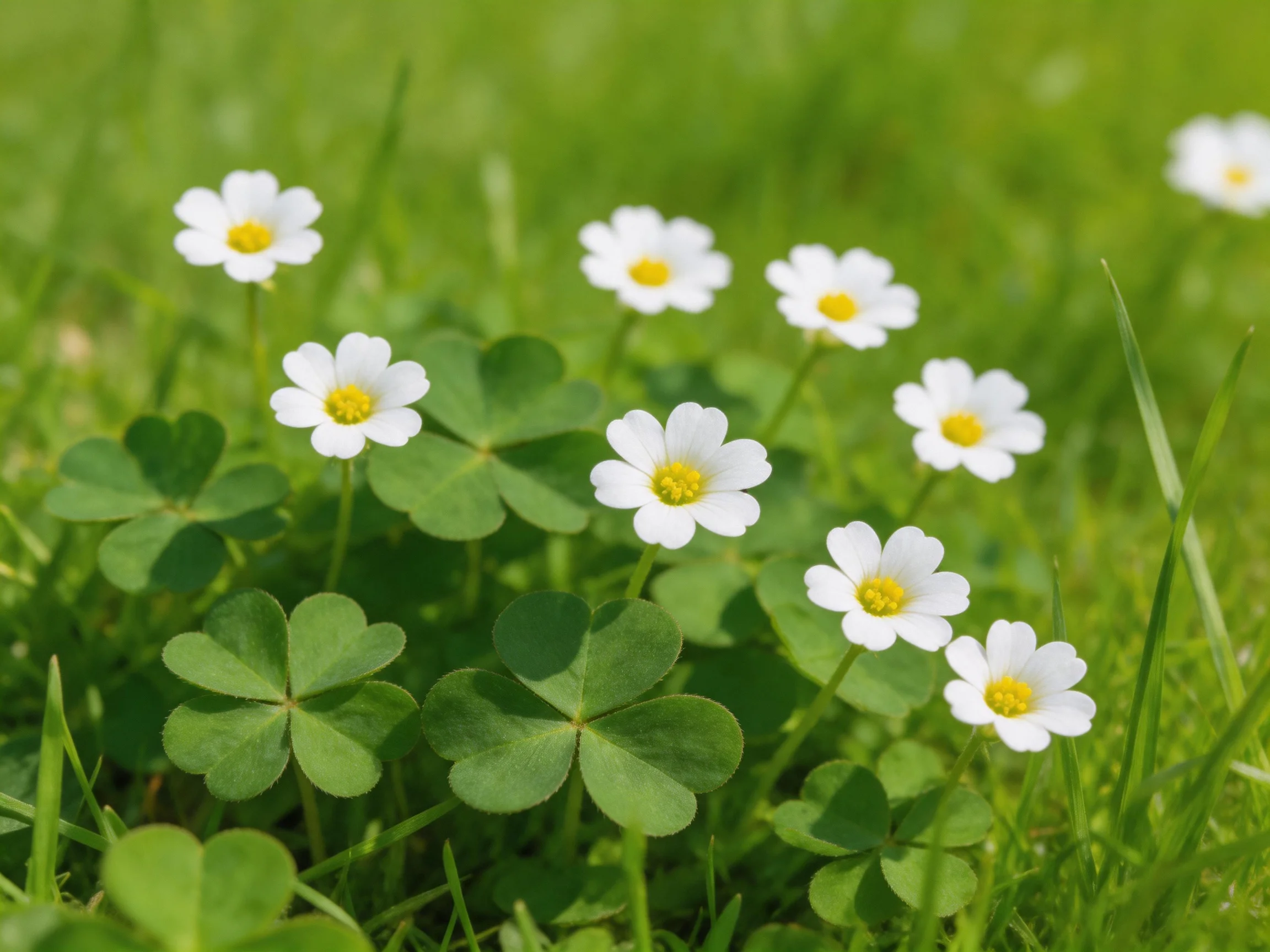 White flowers with yellow centers amid green clover and grass