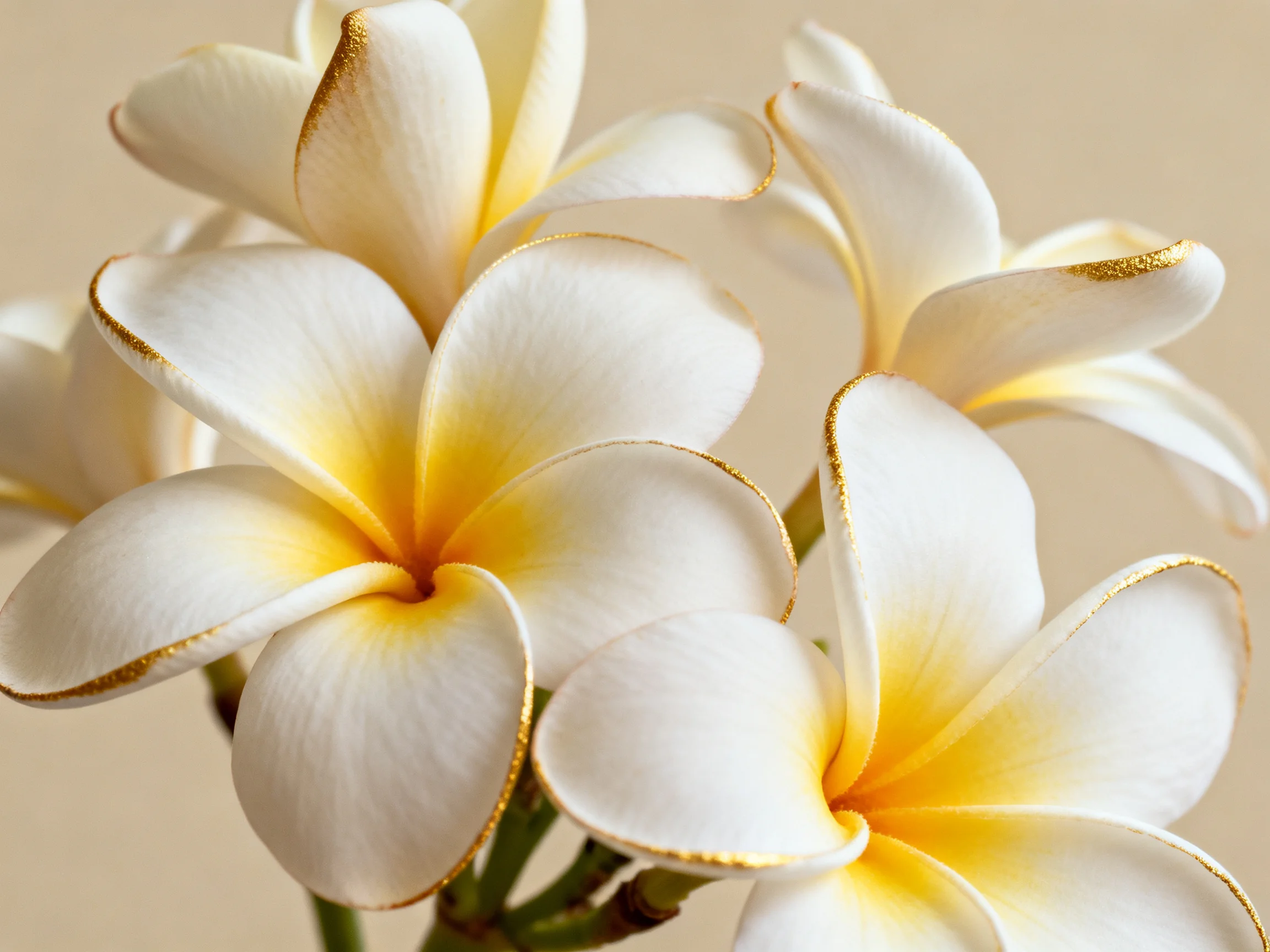 White frangipani flowers with yellow centers and gold petal edges