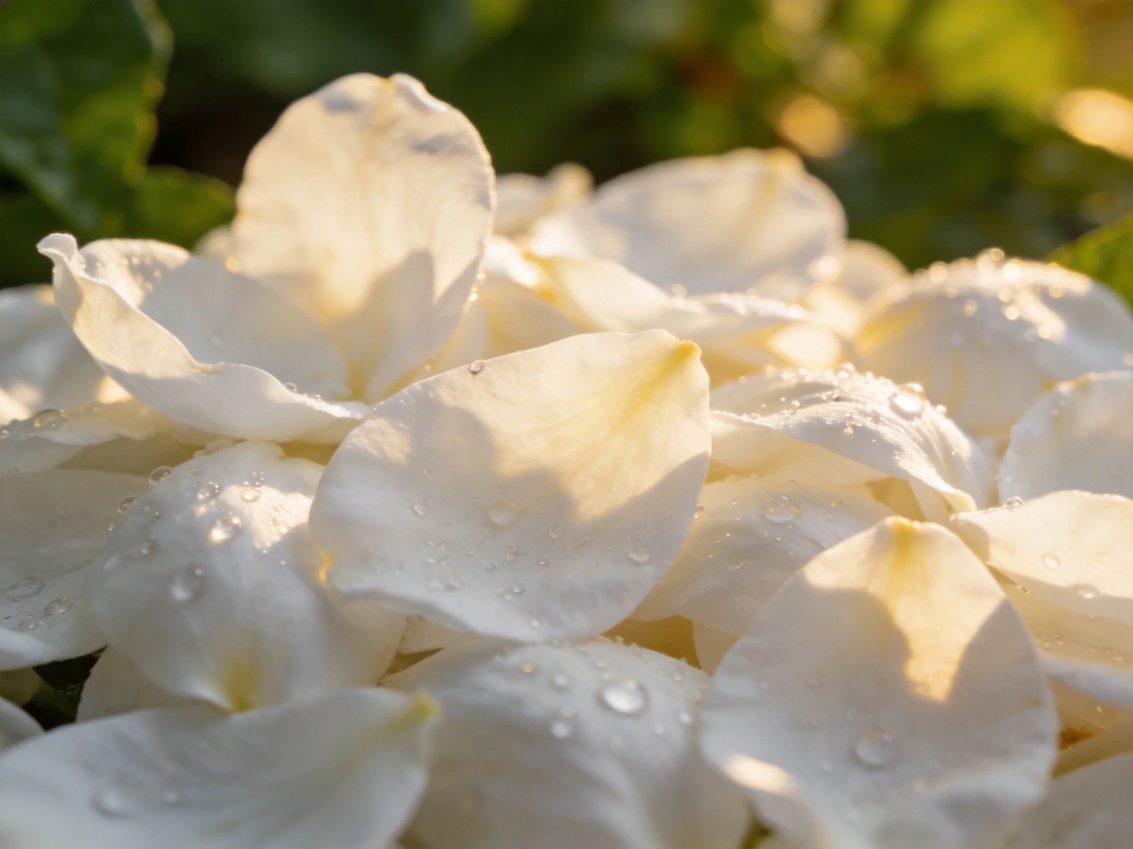 White hydrangea petals with dew drops under warm light