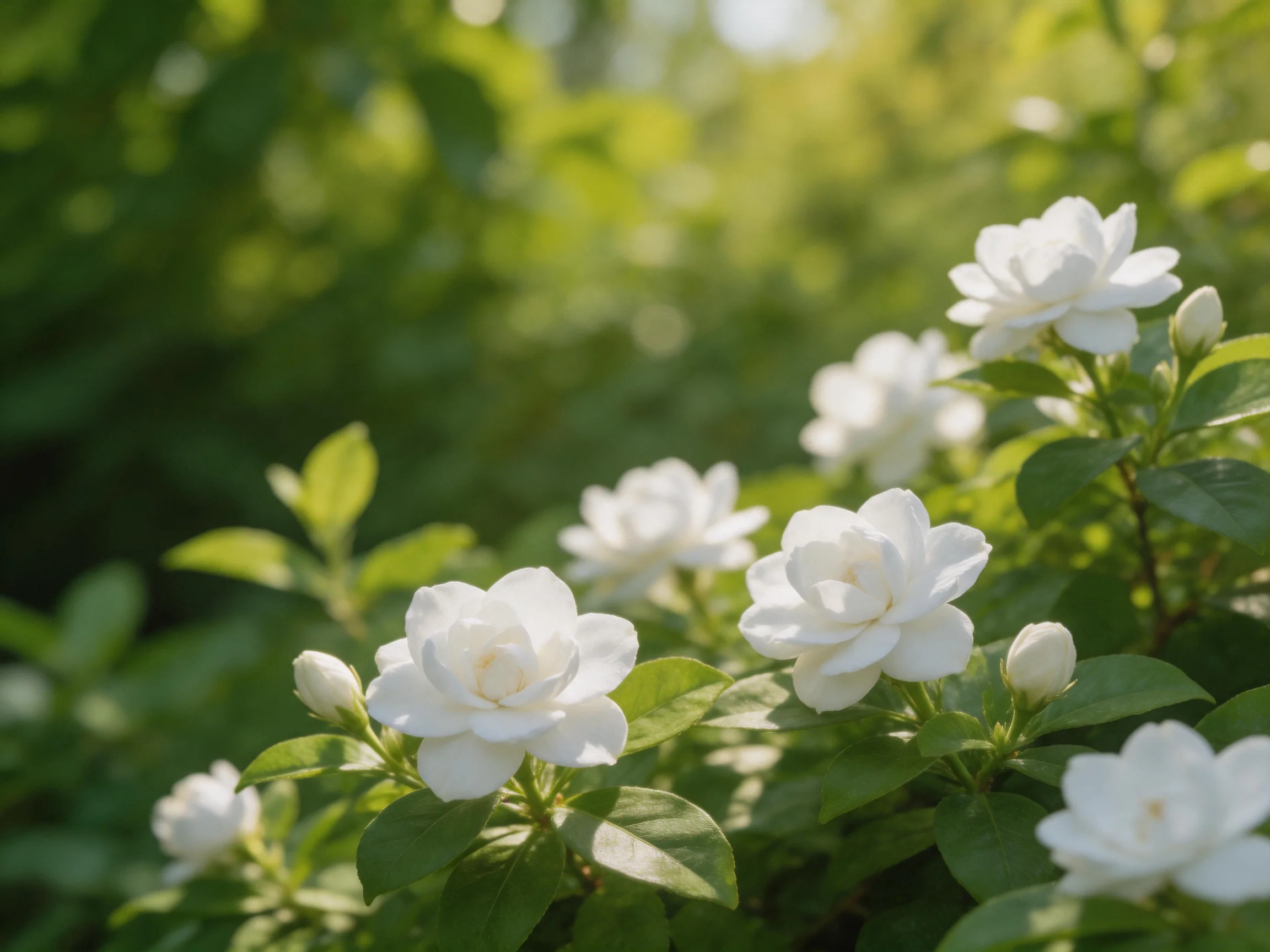 White jasmine blooms thrive amid lush green foliage in soft sunlight