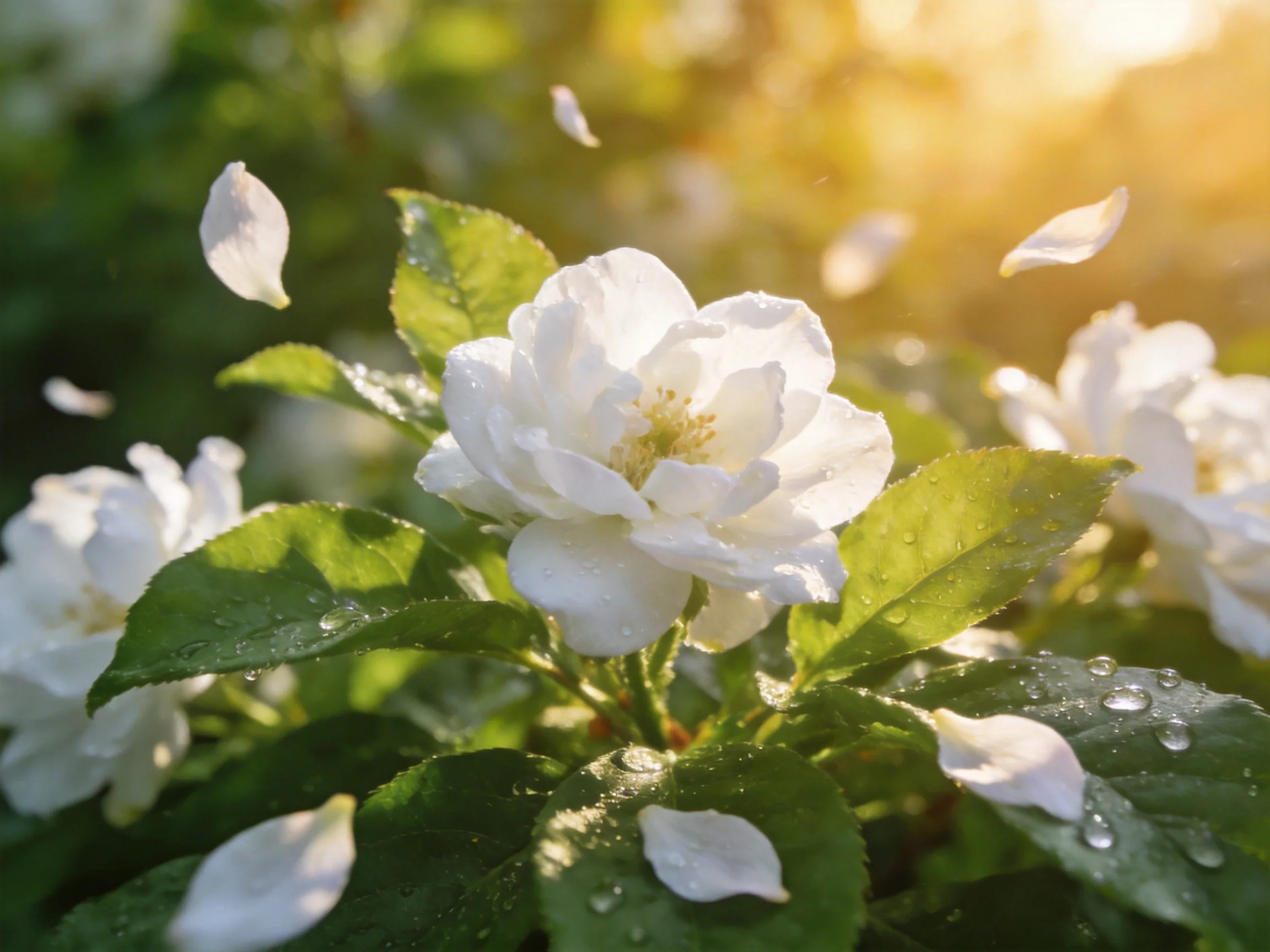 White jasmine blooms with dewy leaves and falling petals in golden sunlight
