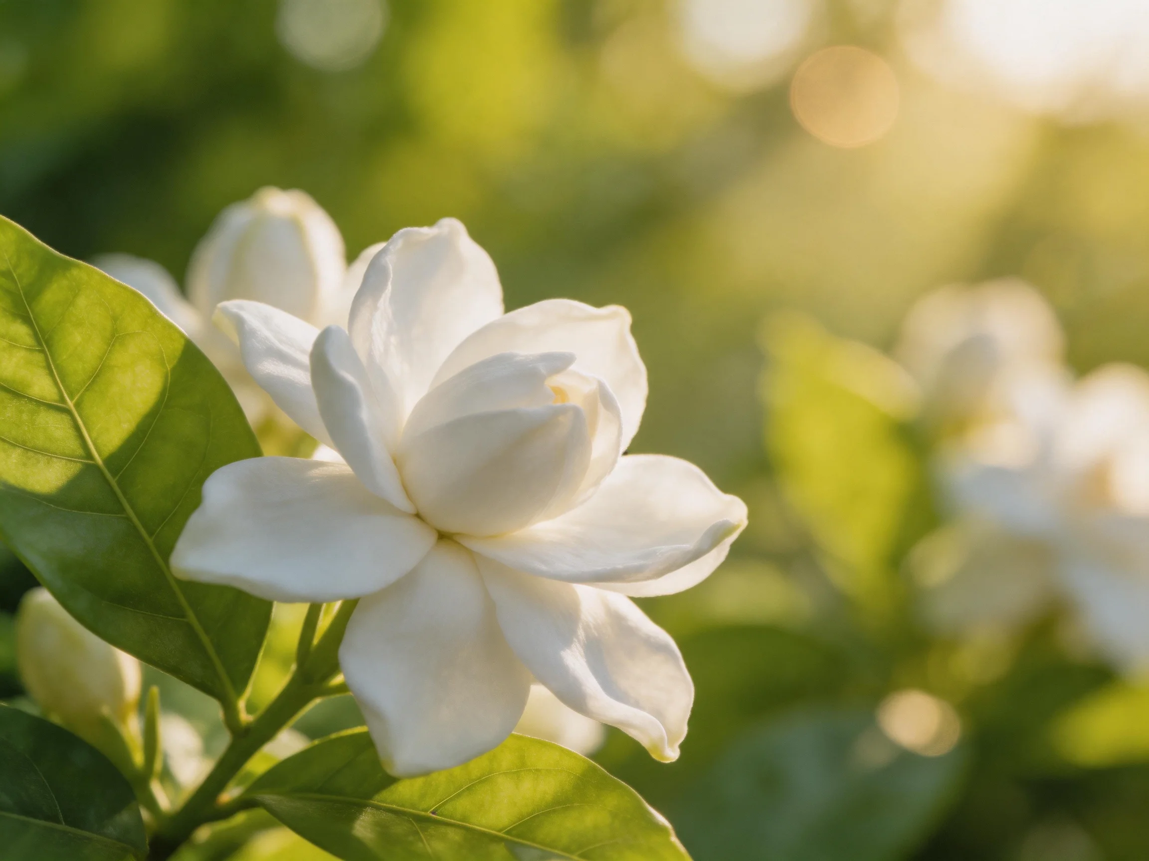 Close - up of white jasmine flowers with green leaves in a sunlit scene.