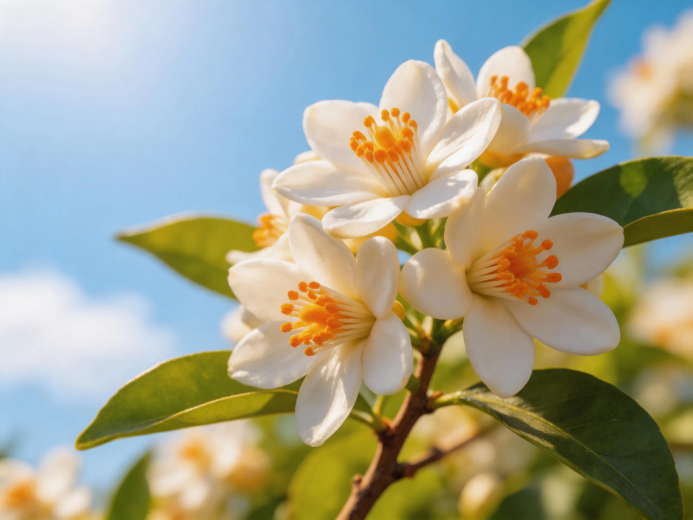 White jasmine blooms with orange stamens against a bright blue sky