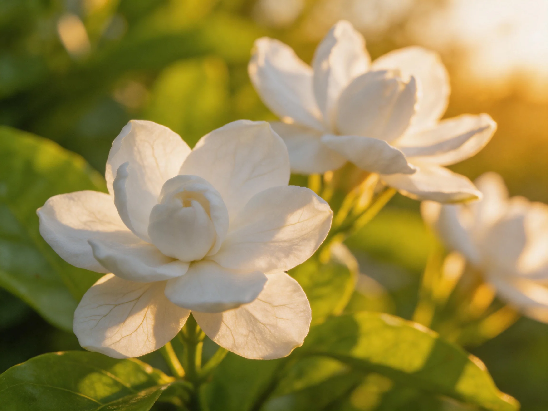 White jasmine flowers glow with golden sunlight amid green foliage