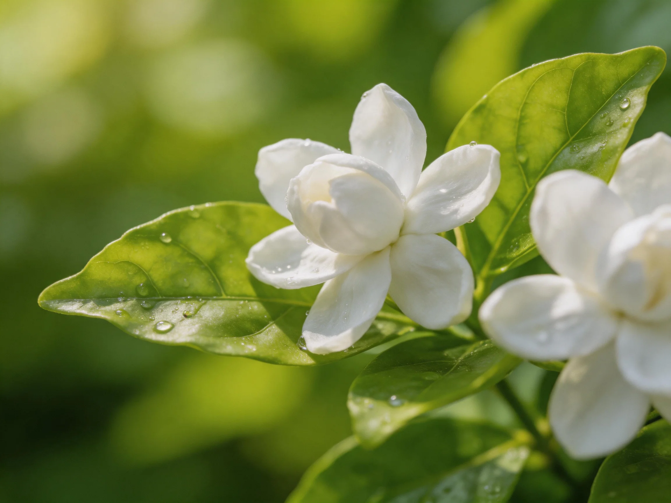 White jasmine flowers with dewy green leaves in bright sunlight
