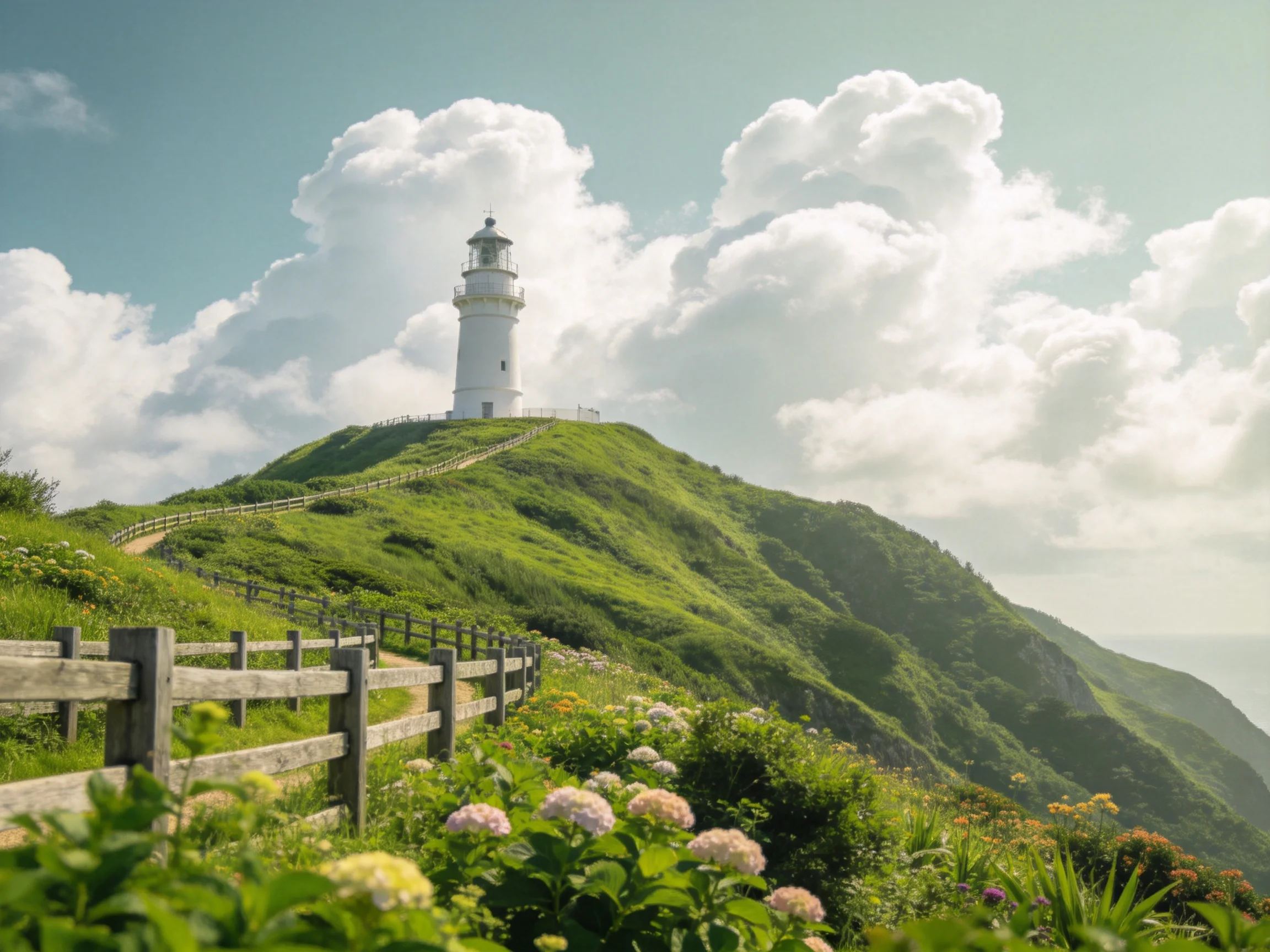 White lighthouse atop a lush green hill with blooming flowers