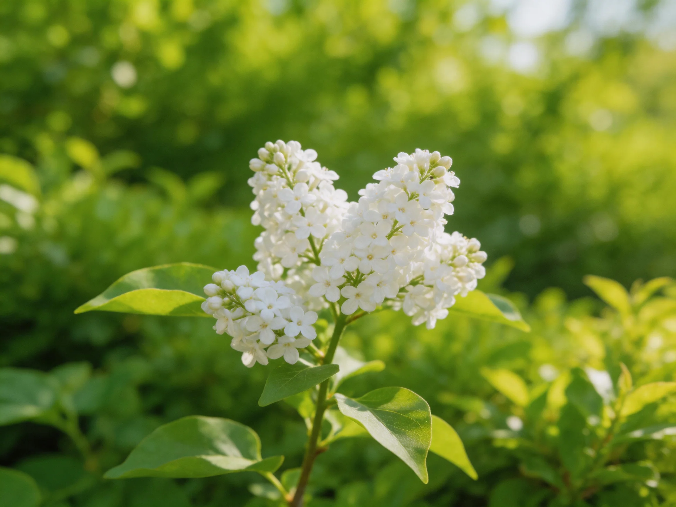 White lilac flower clusters among lush green foliage in sunny light