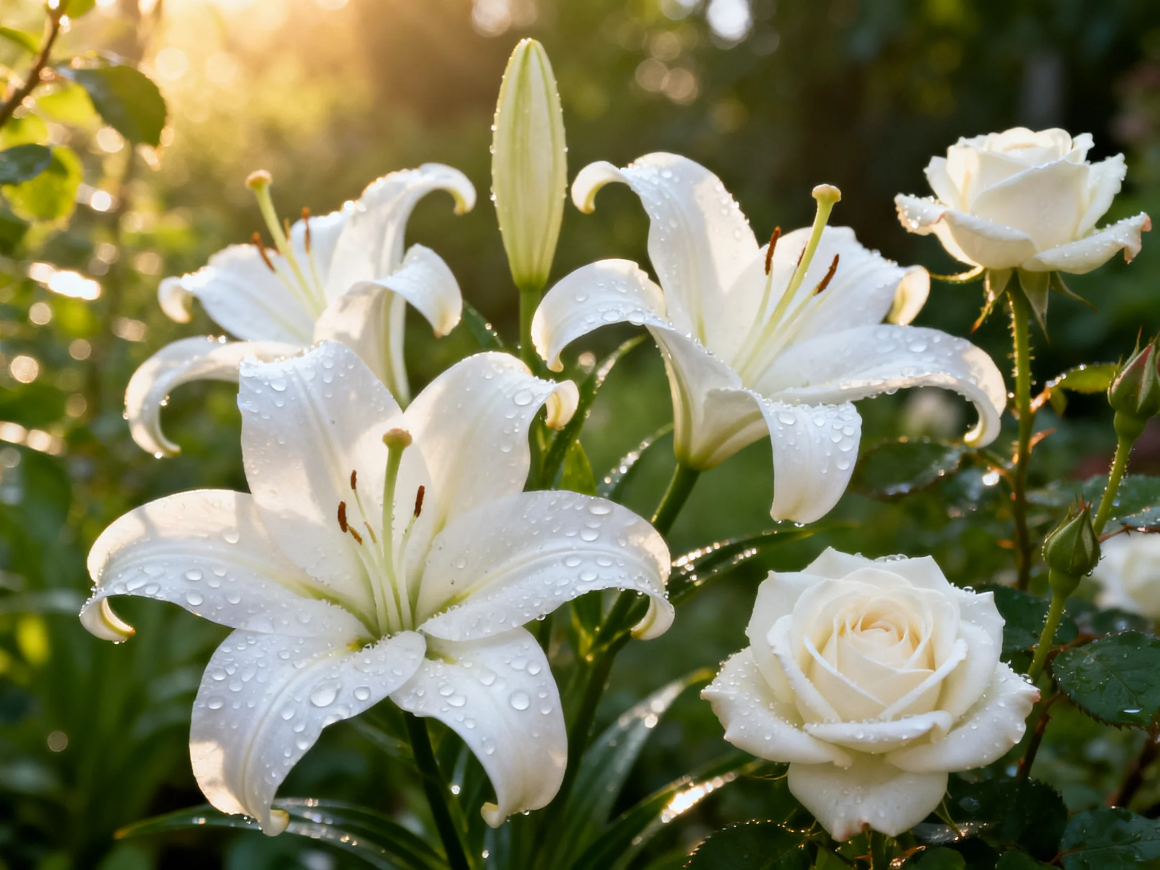 White lilies and roses with dewdrops in a sunlit garden