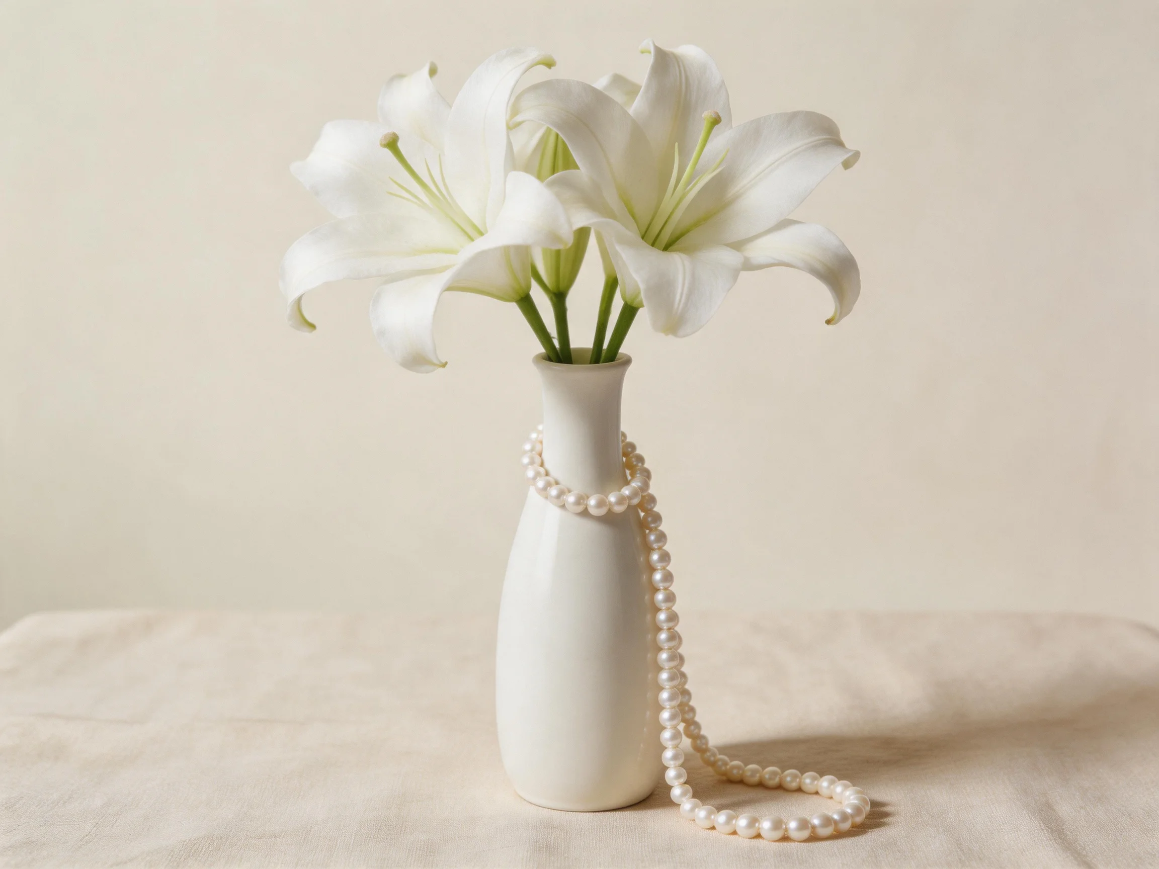 White lilies arranged in a white vase with pearl necklace